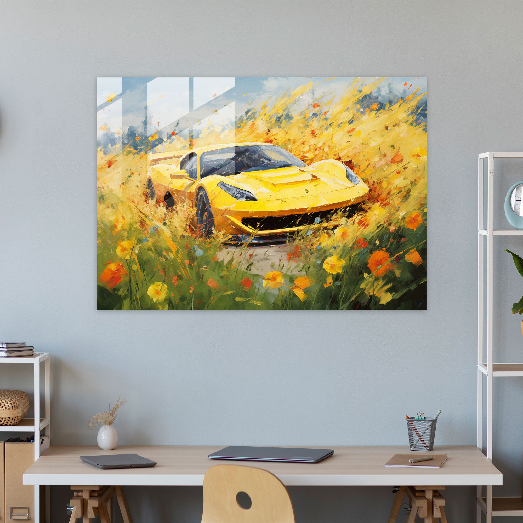 Ferrari Glass Print - Dreamy Yellow Ferrari Racing Through Field Of Flowers - Ferrari, Dreamy, Wall Decoration, Field Of Flowers