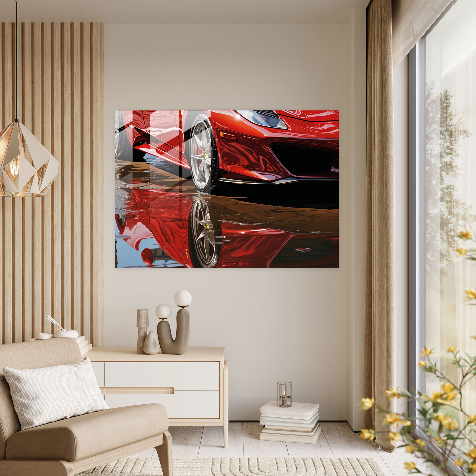 Ferrari Cam Tablo - Kırmızı Ferrari'nin Gerçekçi Yakın Plan Eğrileri ve Yansımaları - Ferrari Cam Sanatı Modern Sanat Kırmızı Ferrari