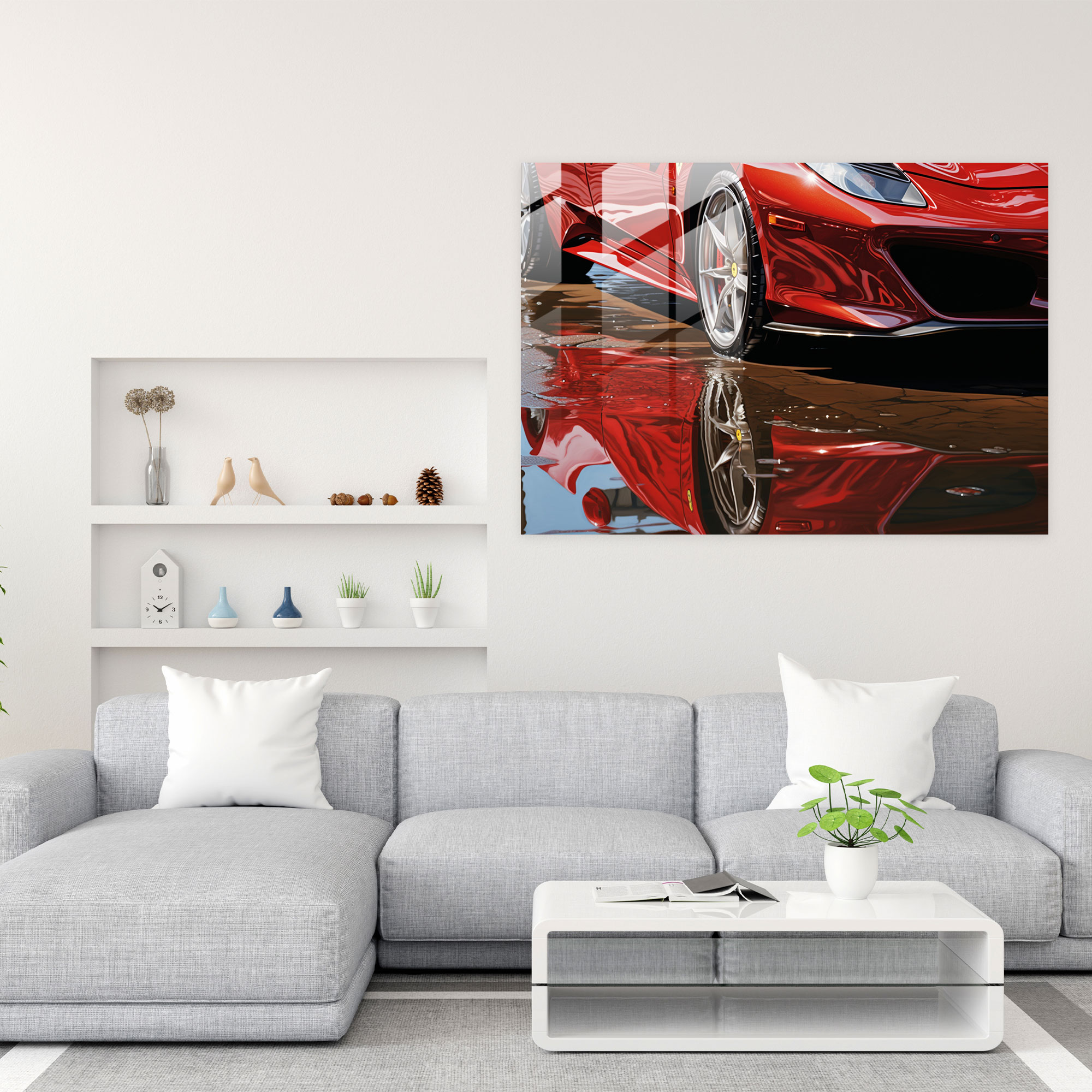 Ferrari Cam Tablo - Kırmızı Ferrari'nin Gerçekçi Yakın Plan Eğrileri ve Yansımaları - Ferrari Cam Sanatı Modern Sanat Kırmızı Ferrari