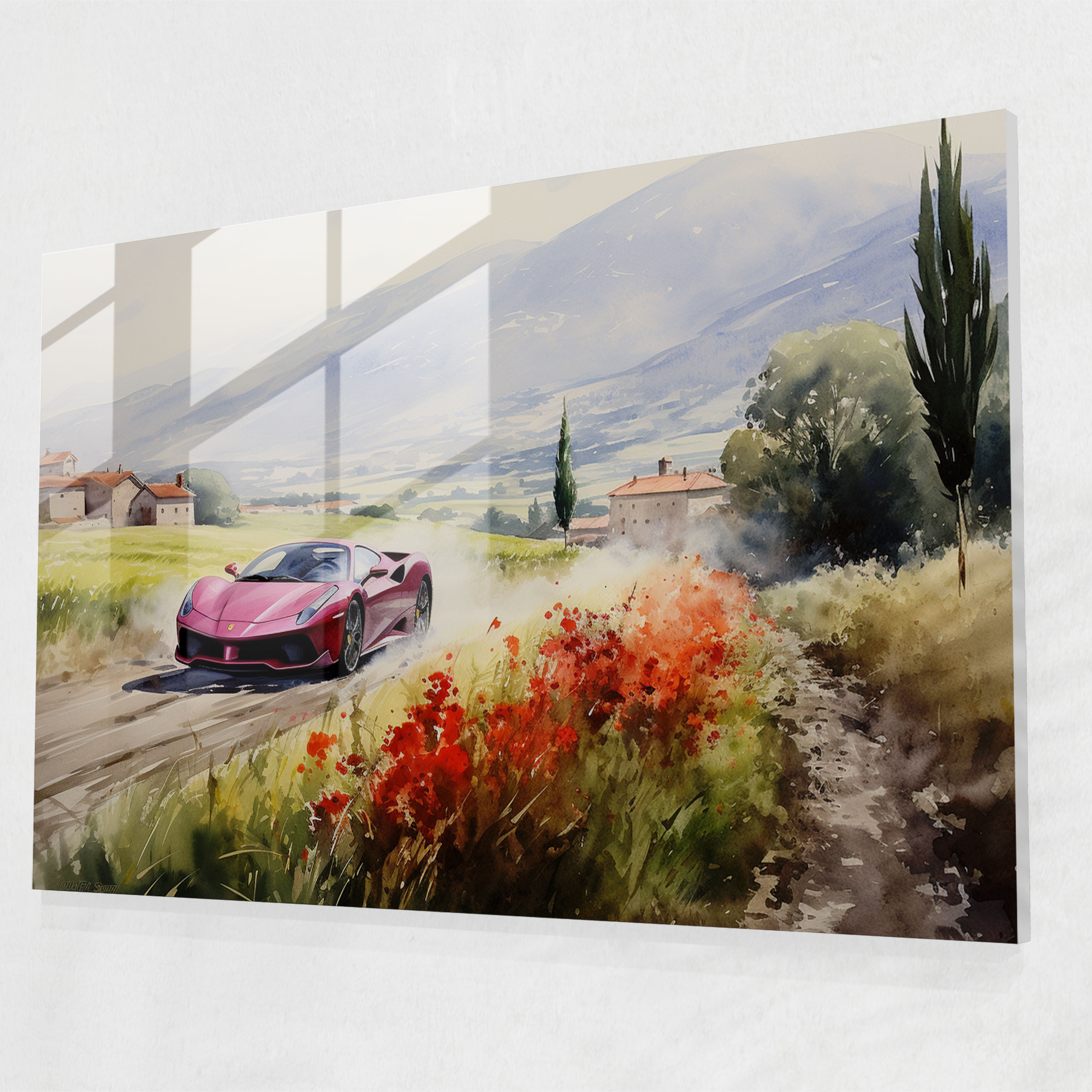 Ferrari Glass Print - Red Sports Car In Countryside - Ferrari, Sports Car, Ferrari, Countryside