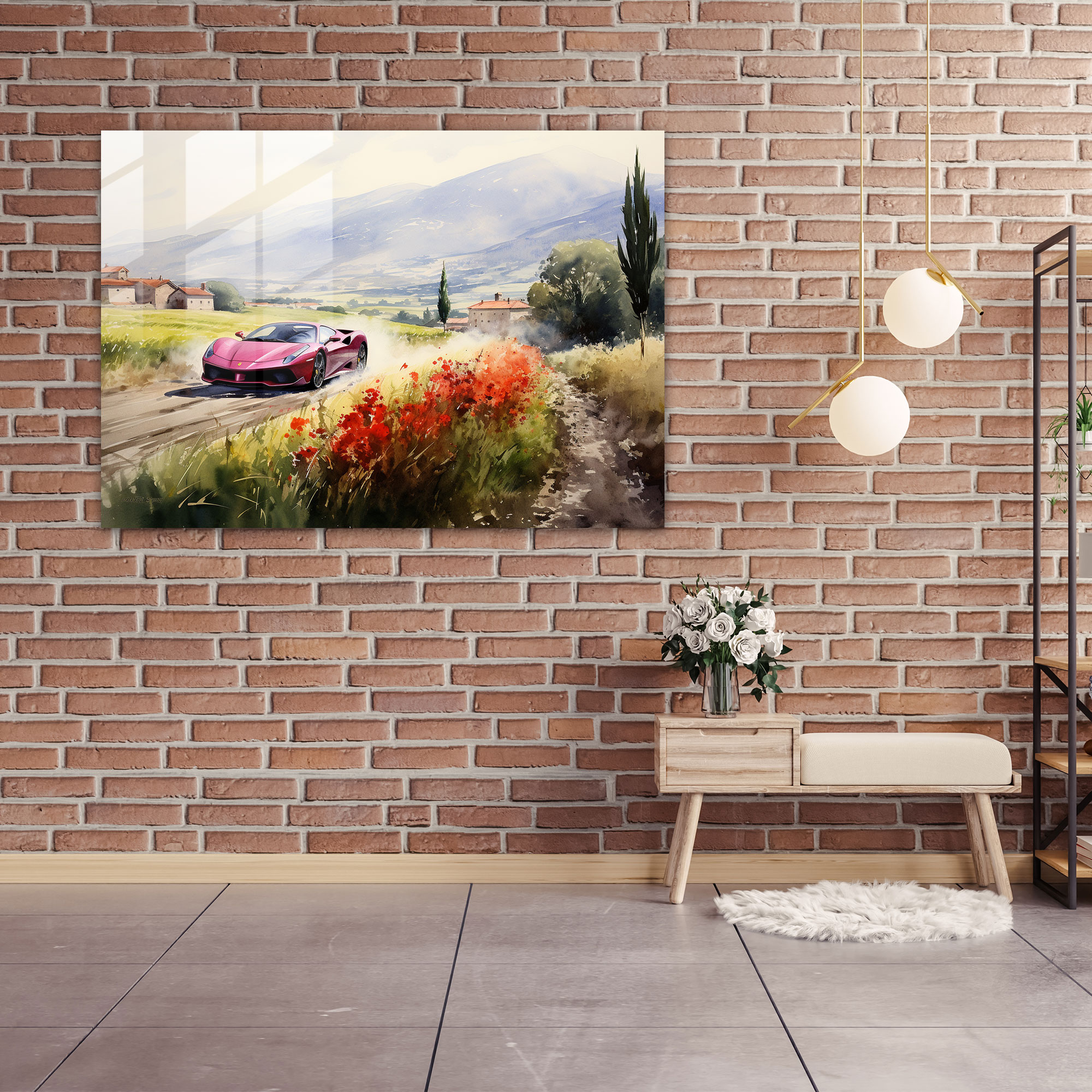 Ferrari Glass Print - Red Sports Car In Countryside - Ferrari, Sports Car, Ferrari, Countryside