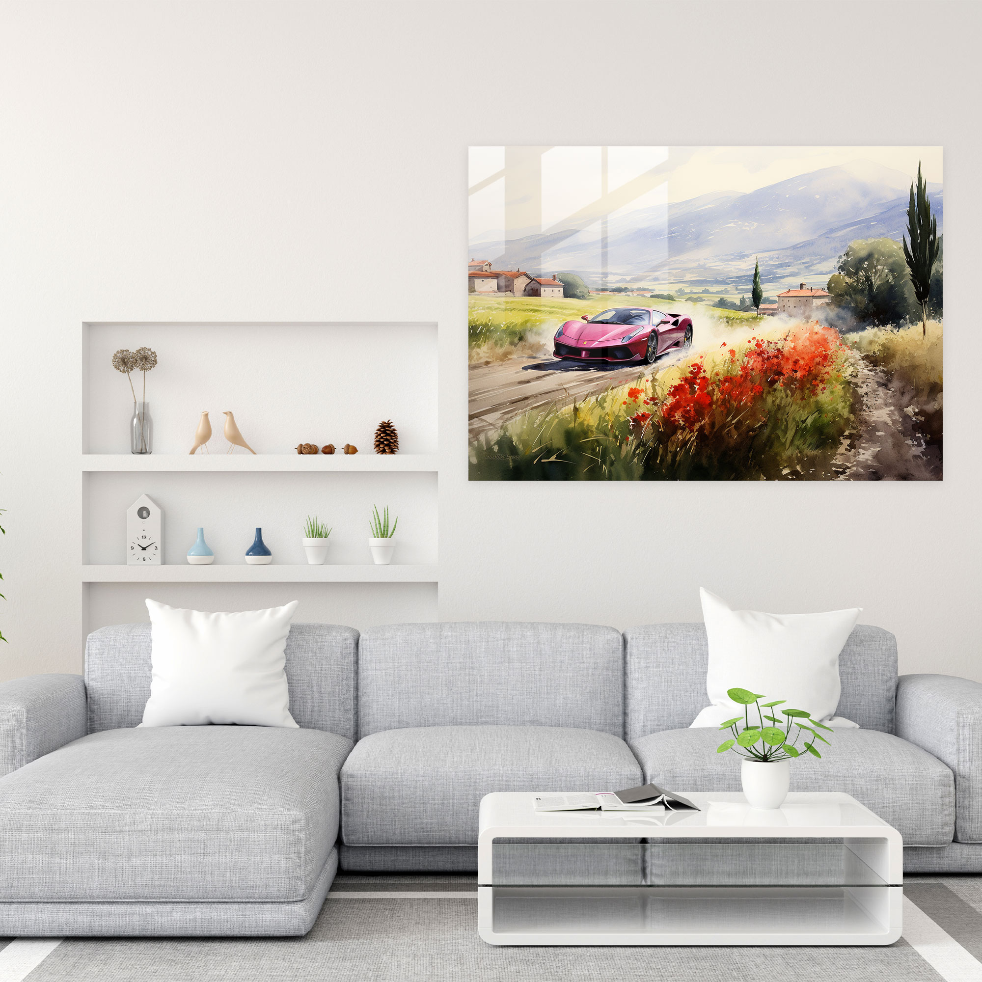 Ferrari Glass Print - Red Sports Car In Countryside - Ferrari, Sports Car, Ferrari, Countryside