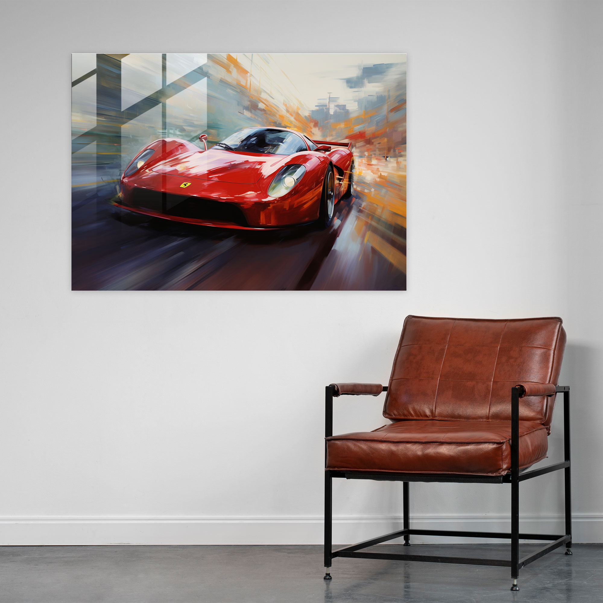 Ferrari Glass Print - Dynamic Oil Painting Of A Speeding Car - Ferrari, Home Decoration, Glass Art, Dynamic