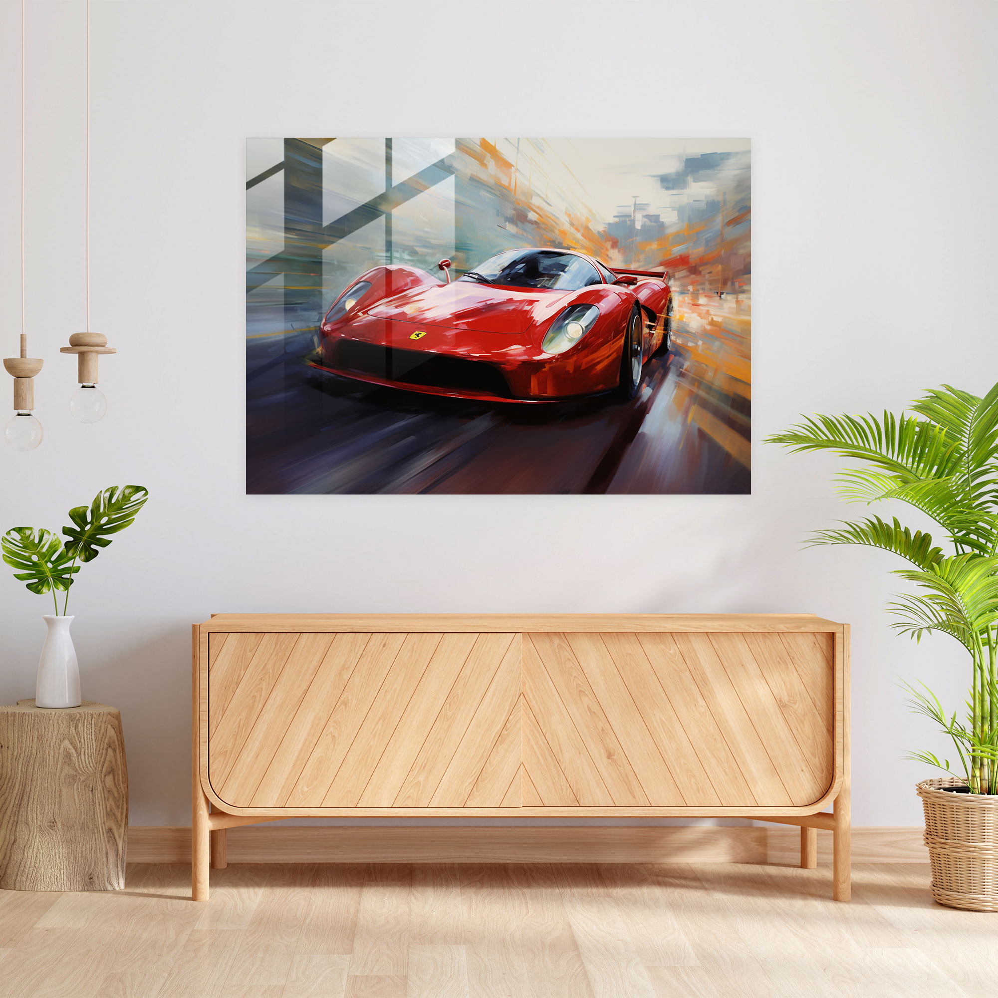 Ferrari Glass Print - Dynamic Oil Painting Of A Speeding Car - Ferrari, Home Decoration, Glass Art, Dynamic