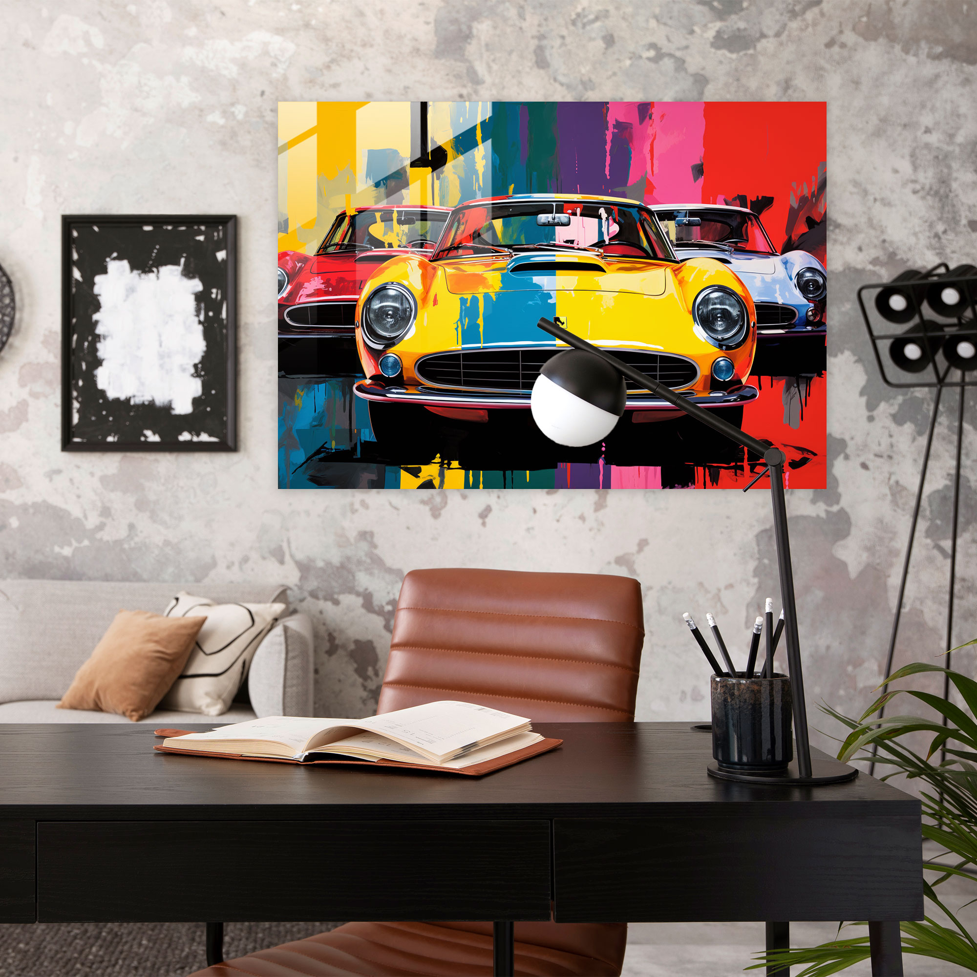 Ferrari Cam Tablo Sanatı - Farklı Modellerin Pop Art Kolajı - Duvar Dekorasyonu Cam Sanatı