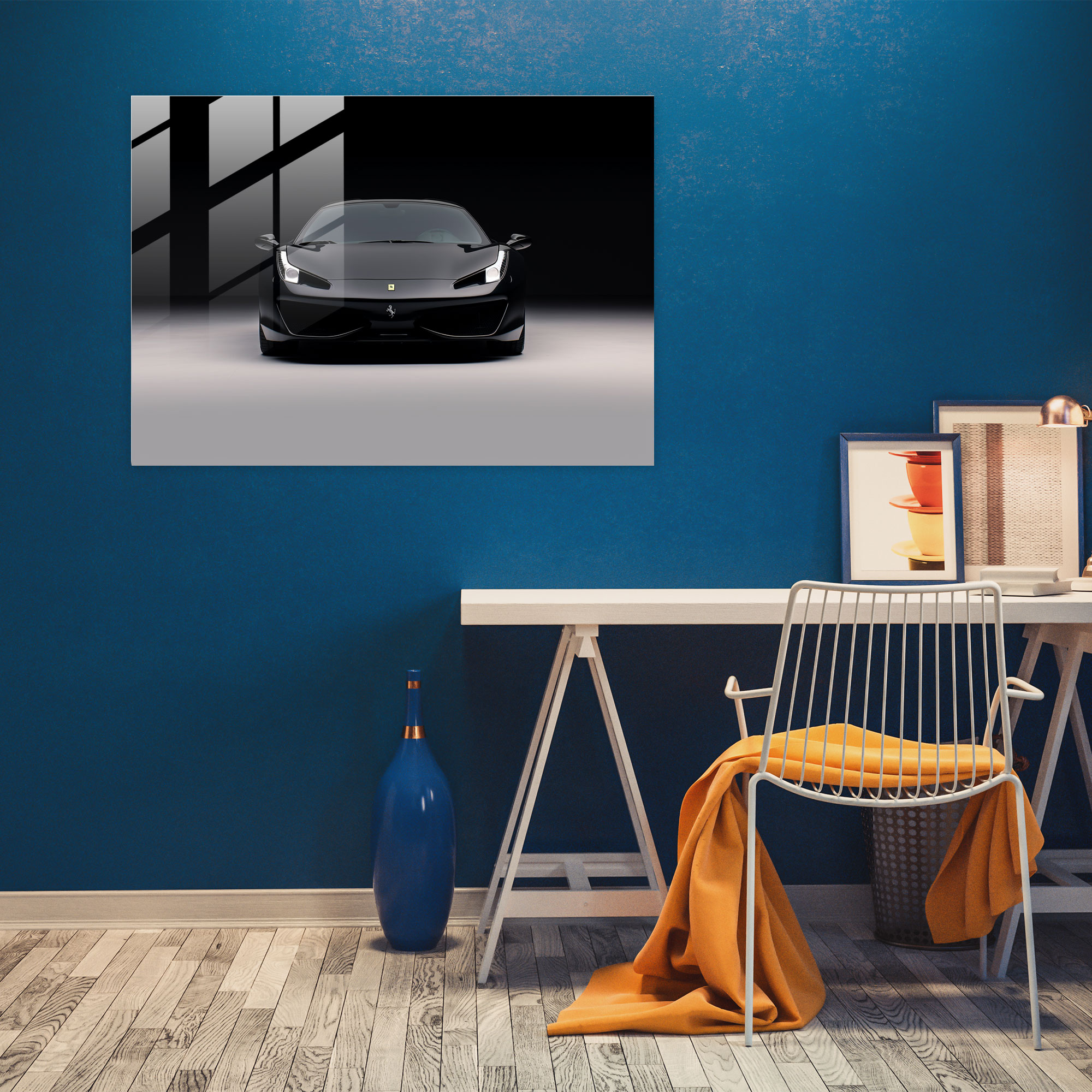 Ferrari Cam Tablo - Beyaz Arka Planda Minimalist Siyah Spor Araba - Ferrari Ev Dekorasyonu Modern Sanat Duvar Dekorasyonu