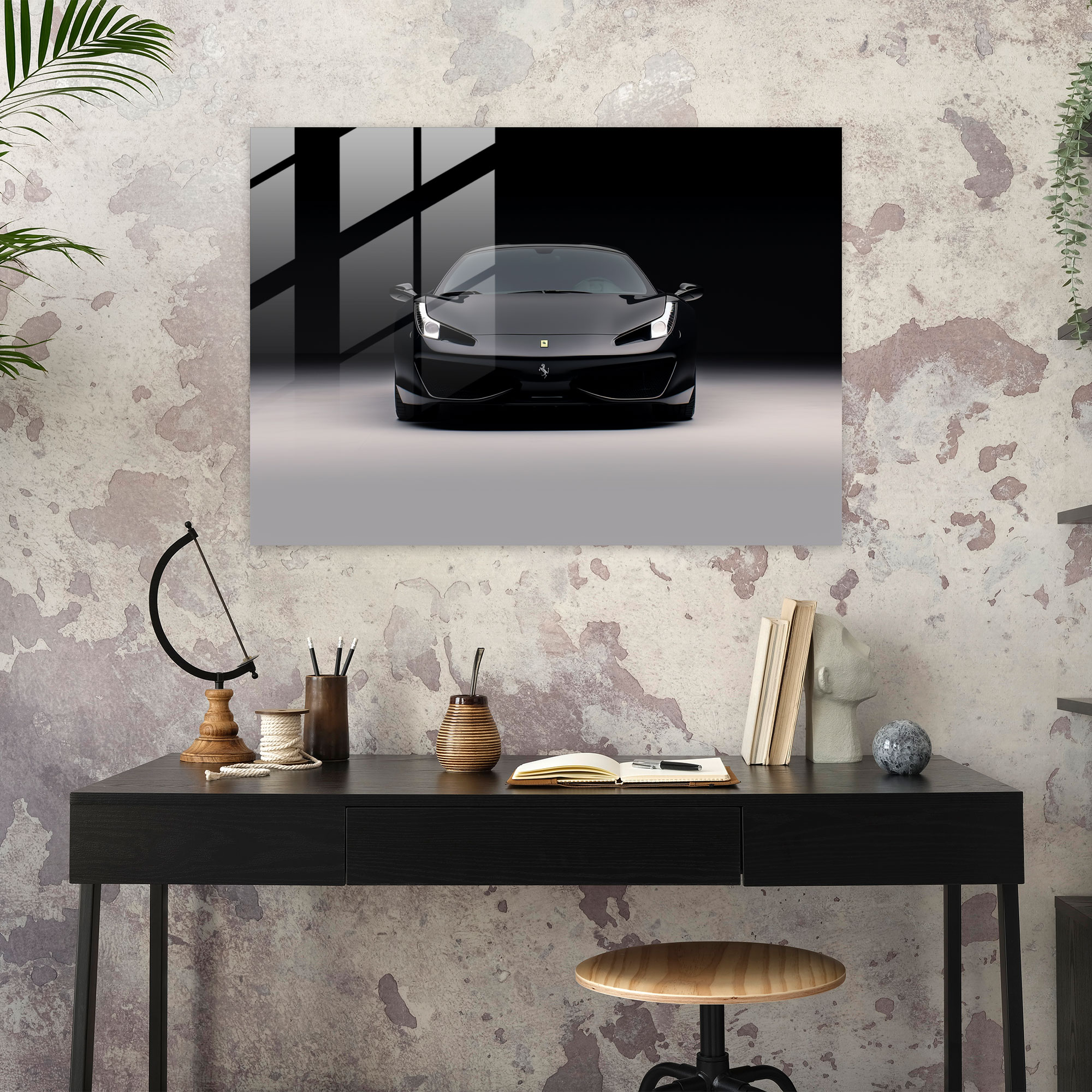 Ferrari Cam Tablo - Beyaz Arka Planda Minimalist Siyah Spor Araba - Ferrari Ev Dekorasyonu Modern Sanat Duvar Dekorasyonu