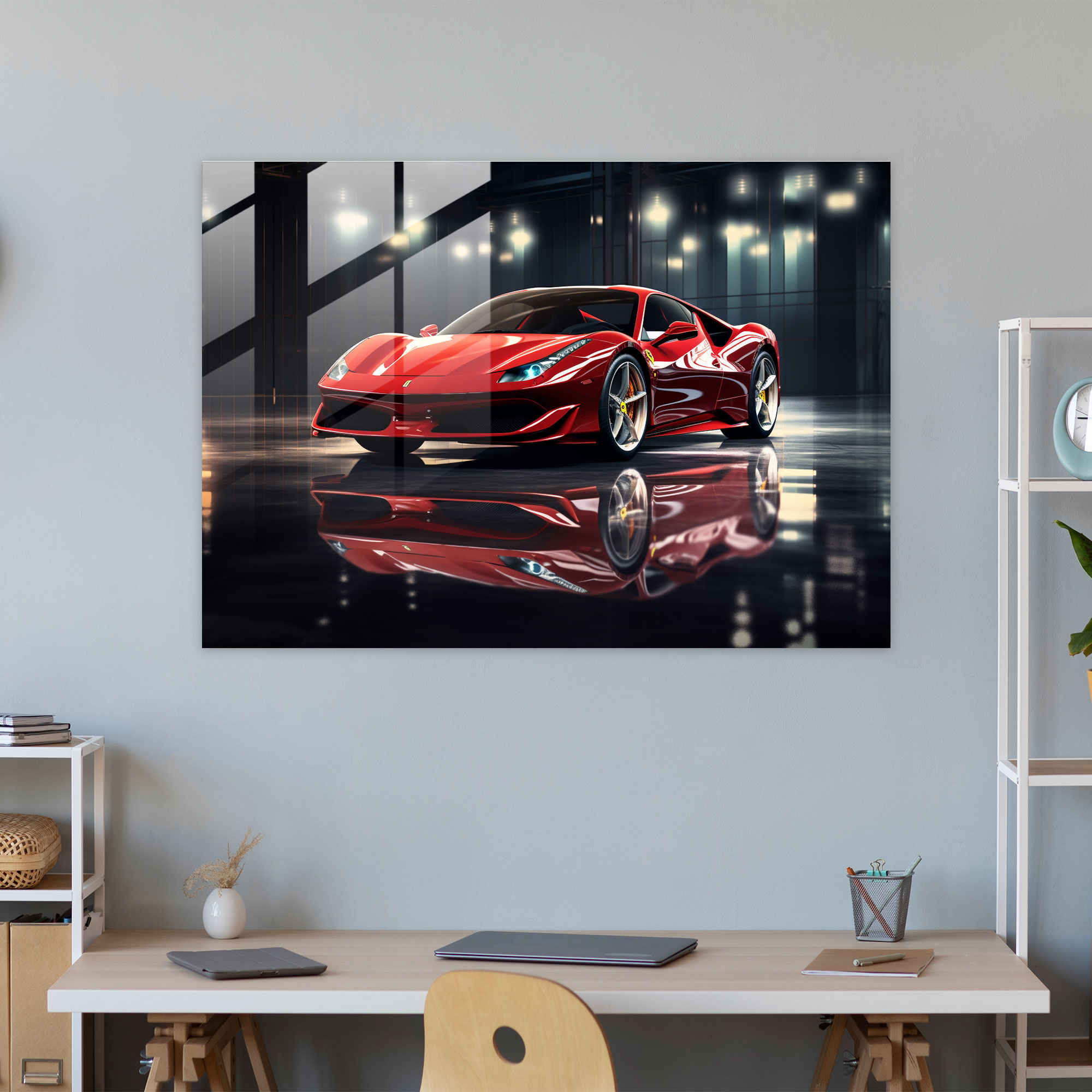 Ferrari Cam Duvar Sanatı - Parlak Kırmızı Araçtan Gerçekçi 3D Tasarım - Ferrari Ev Dekorasyonu Duvar Süsü Cam Sanatı