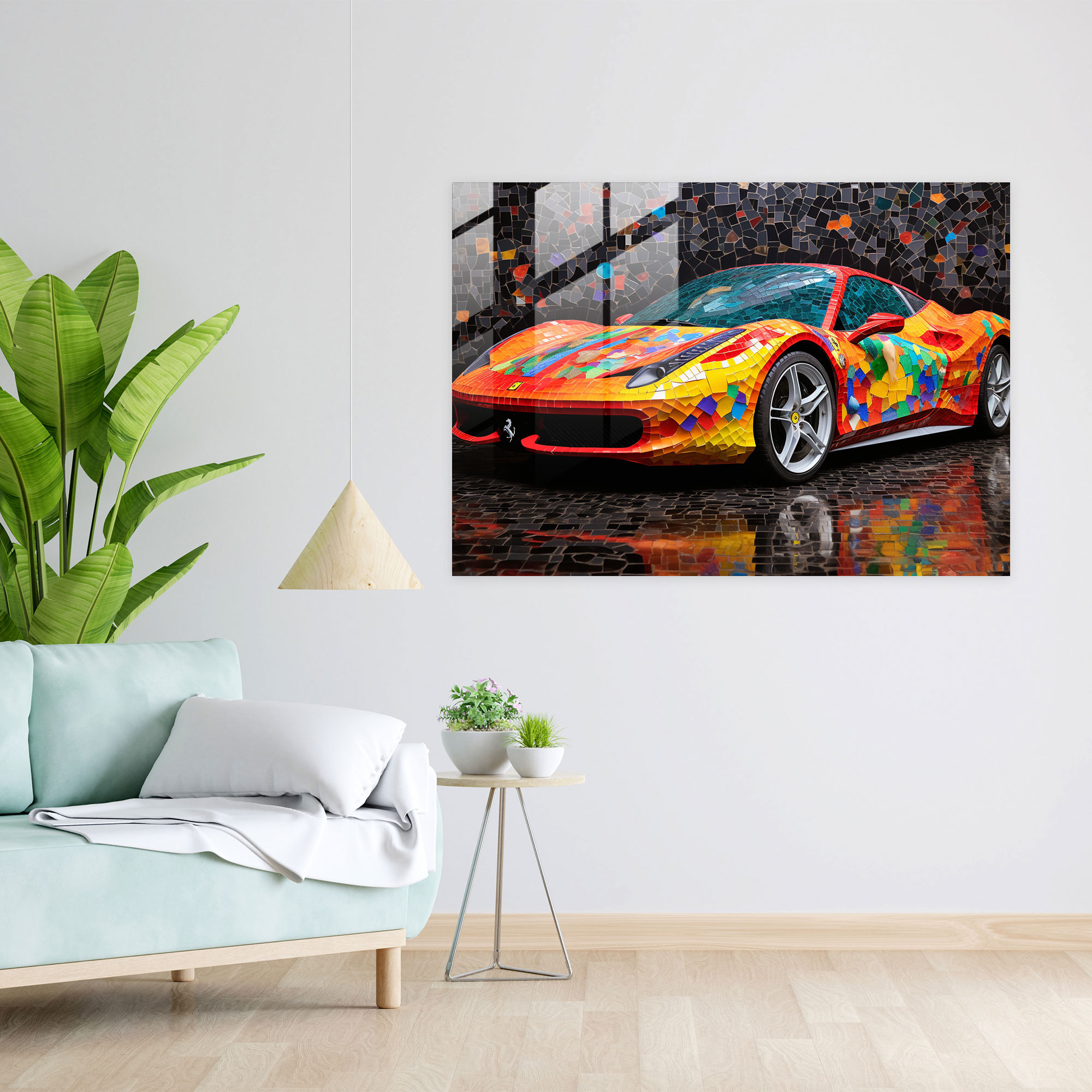 Ferrari Glass Print - Contemporary Mosaic Art With Colorful Car - Ferrari, Mosaic Art, Wall Decoration, Colorful Car