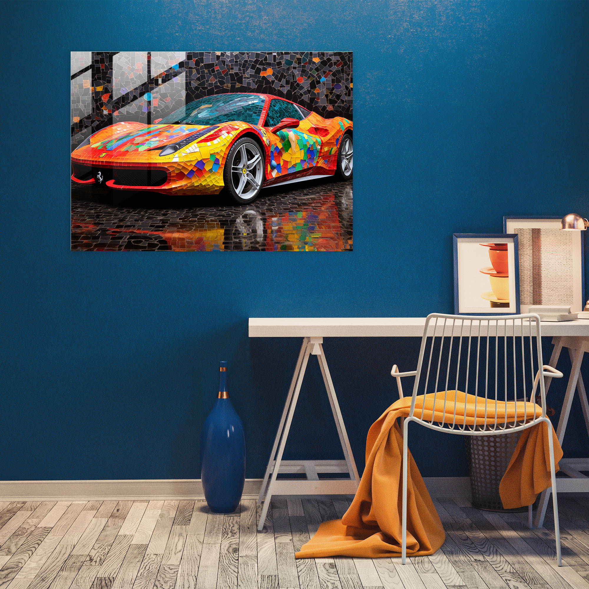Ferrari Glass Print - Contemporary Mosaic Art With Colorful Car - Ferrari, Mosaic Art, Wall Decoration, Colorful Car