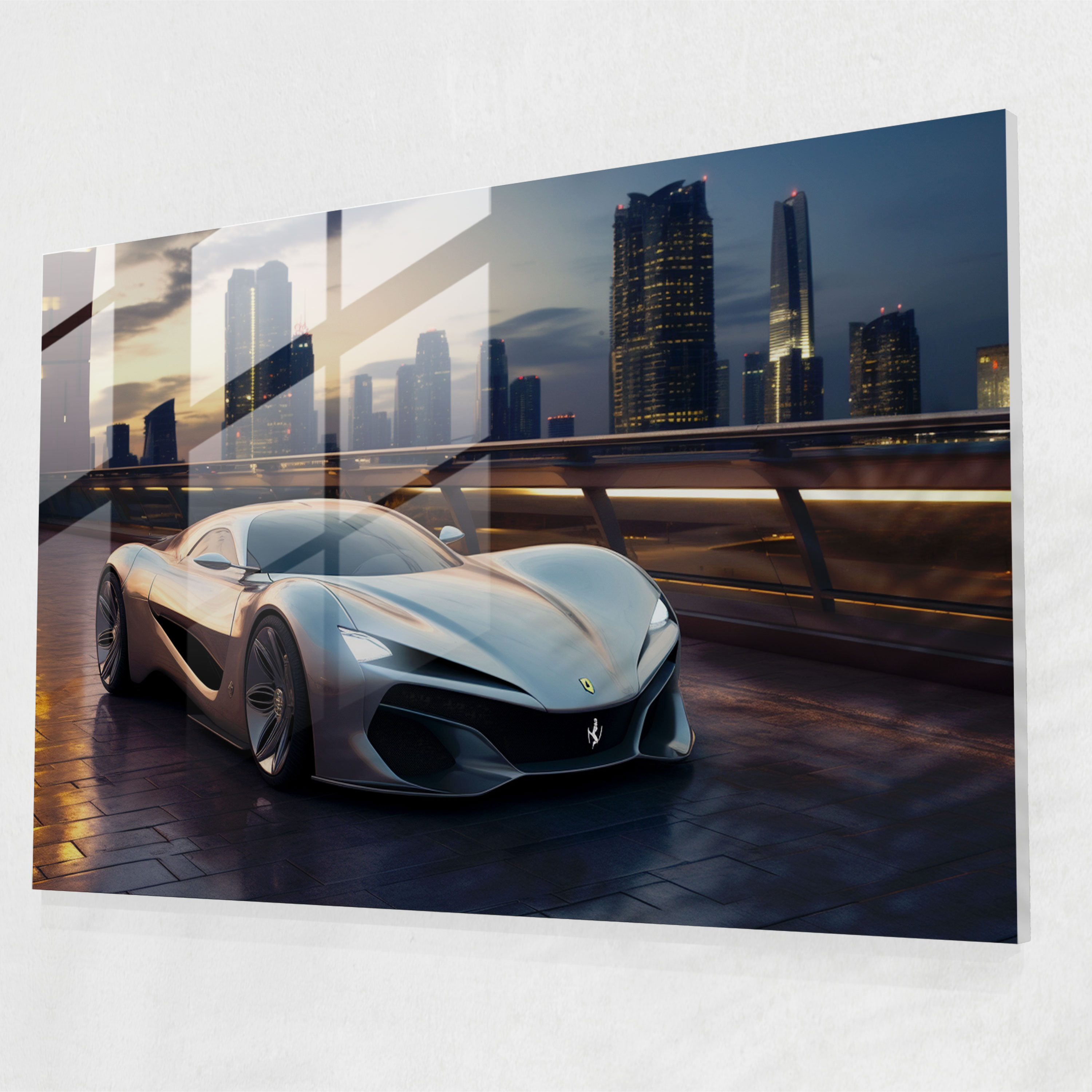 Ferrari Cam Tablo - Yüksek Teknoloji Şehir Manzarasında Gelecekten Gelen Gümüş Araba