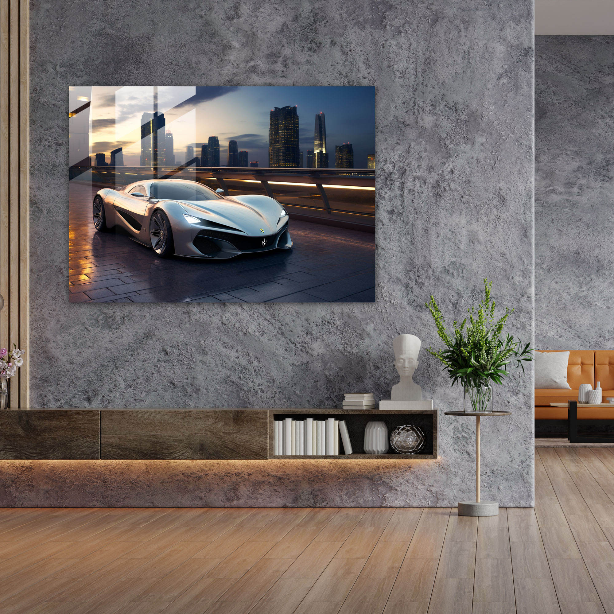 Ferrari Cam Tablo - Yüksek Teknoloji Şehir Manzarasında Gelecekten Gelen Gümüş Araba
