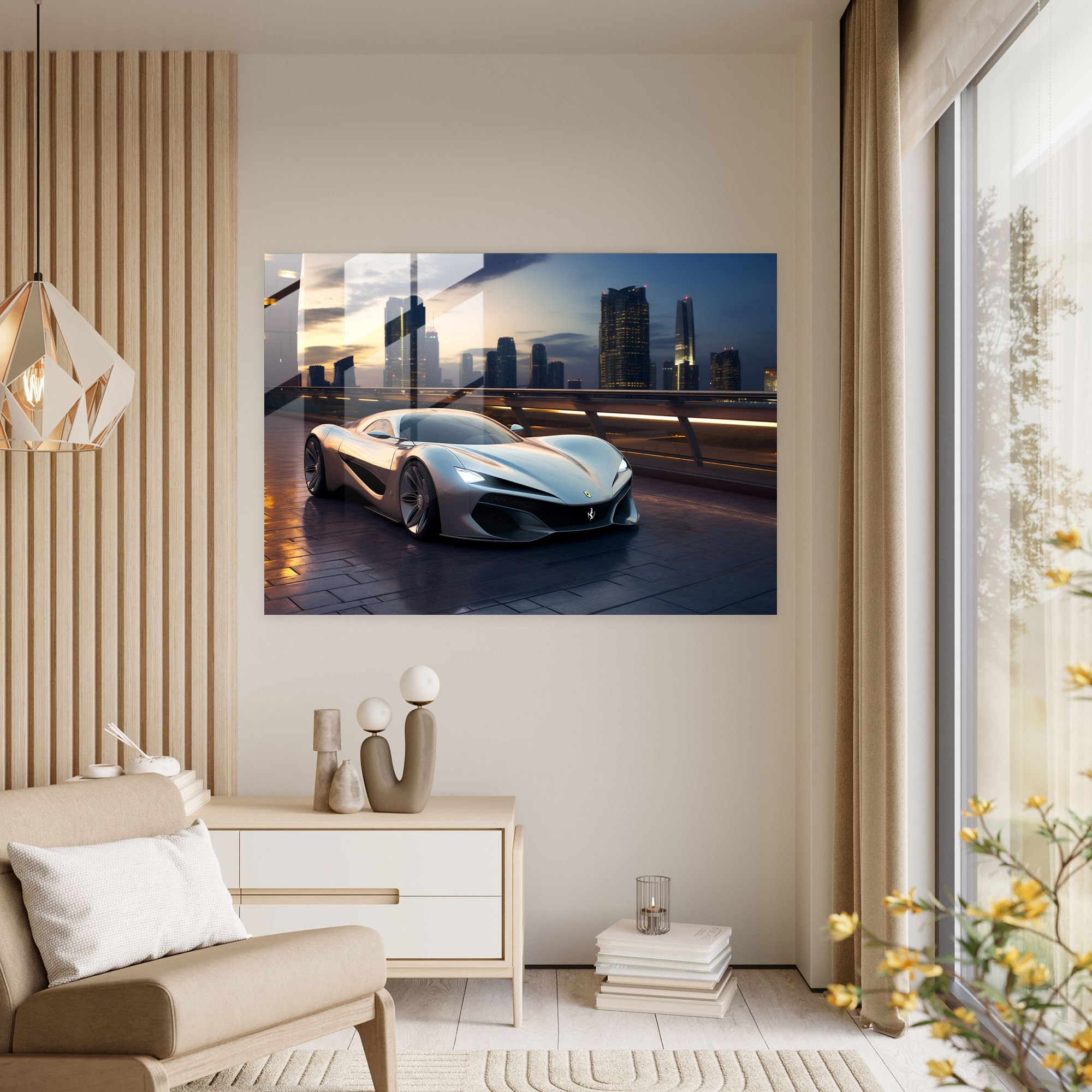 Ferrari Cam Tablo - Yüksek Teknoloji Şehir Manzarasında Gelecekten Gelen Gümüş Araba