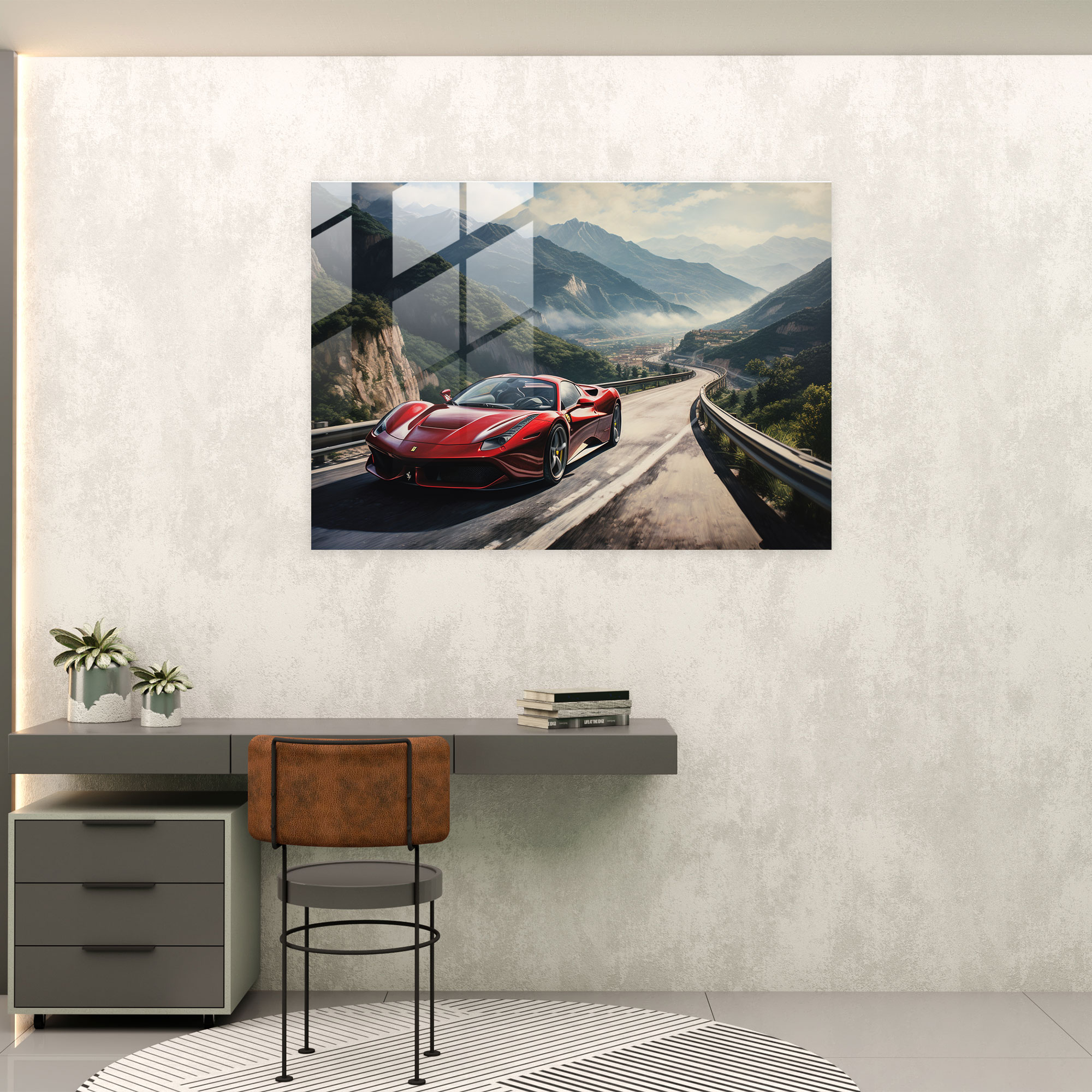 Ferrari Cam Tablo - Dağ Manzarası - Ev Dekorasyonu Cam Duvar Sanatı Duvar Dekorasyonu