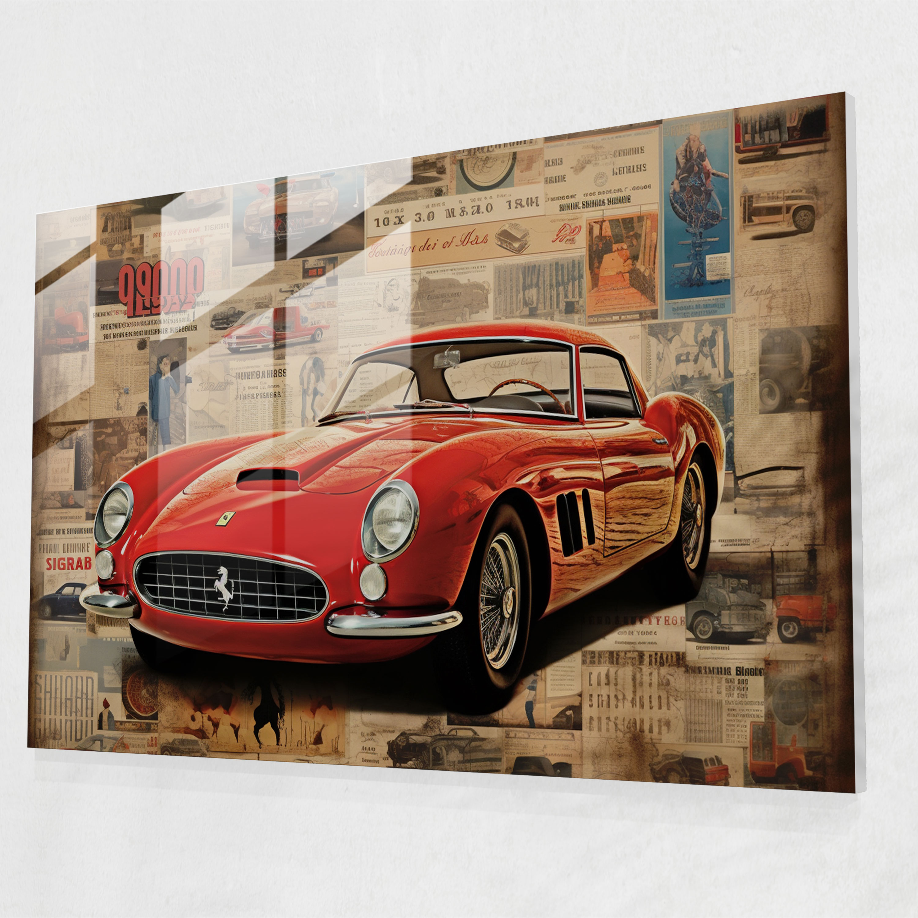 Ferrari Cam Tablo - Vintage Reklam Kampanyası - Ferrari Vintage Lüks Vintage Reklamların Kolajı