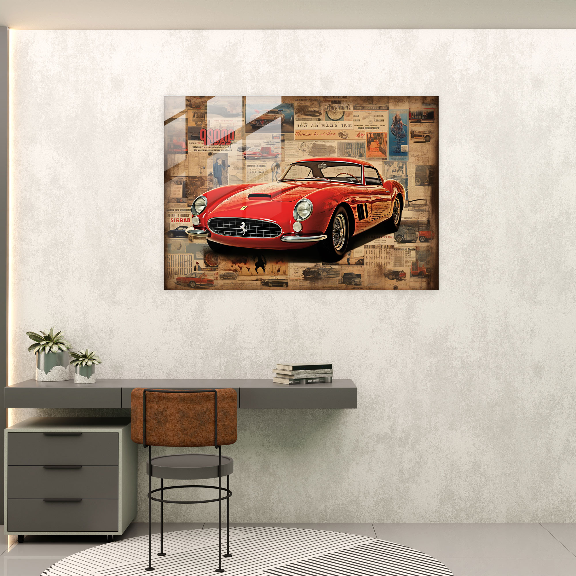 Ferrari Cam Tablo - Vintage Reklam Kampanyası - Ferrari Vintage Lüks Vintage Reklamların Kolajı