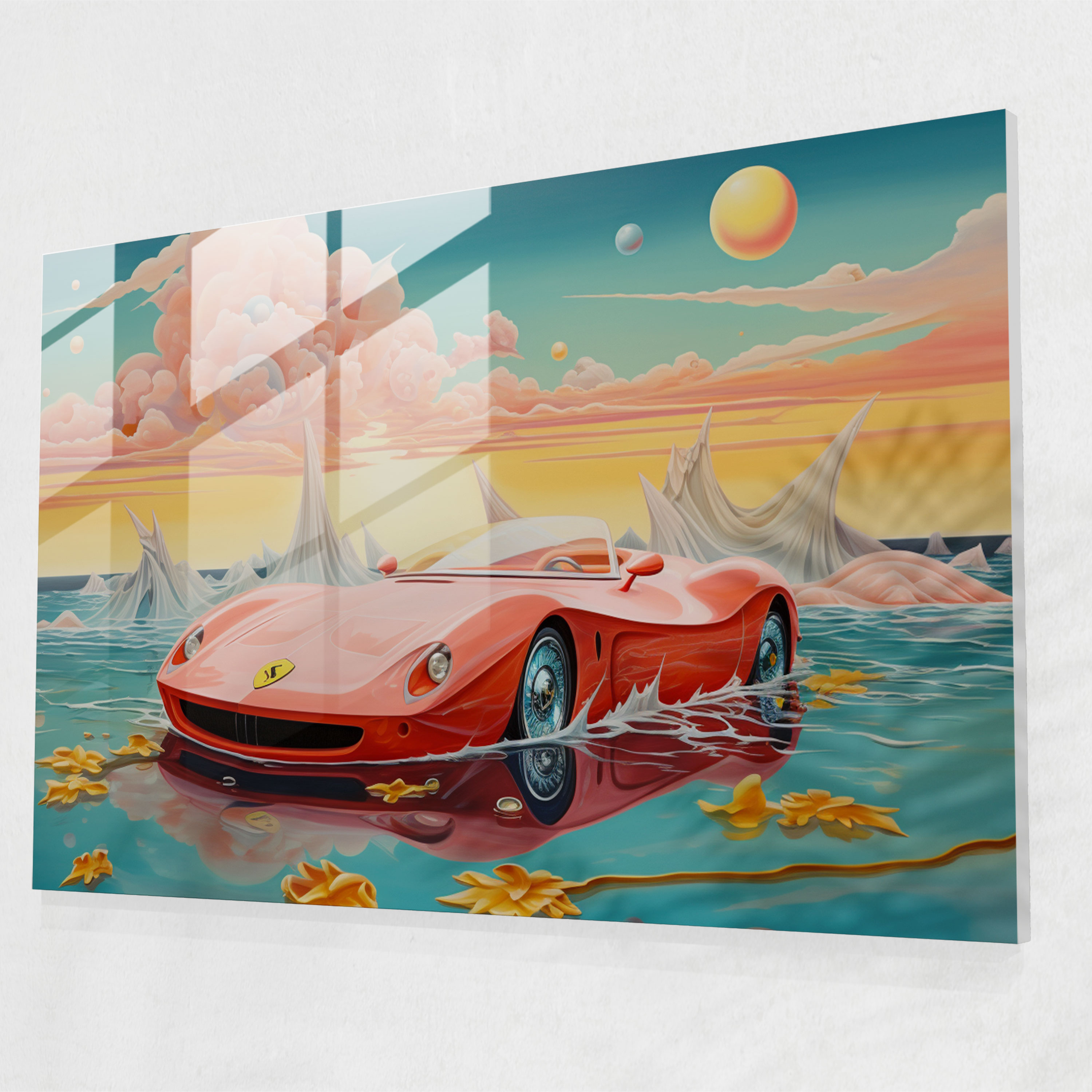 Ferrari Glass Print - Dreamy Seascape - Ferrari, Home Decoration, Imagination, Surreal Artwork