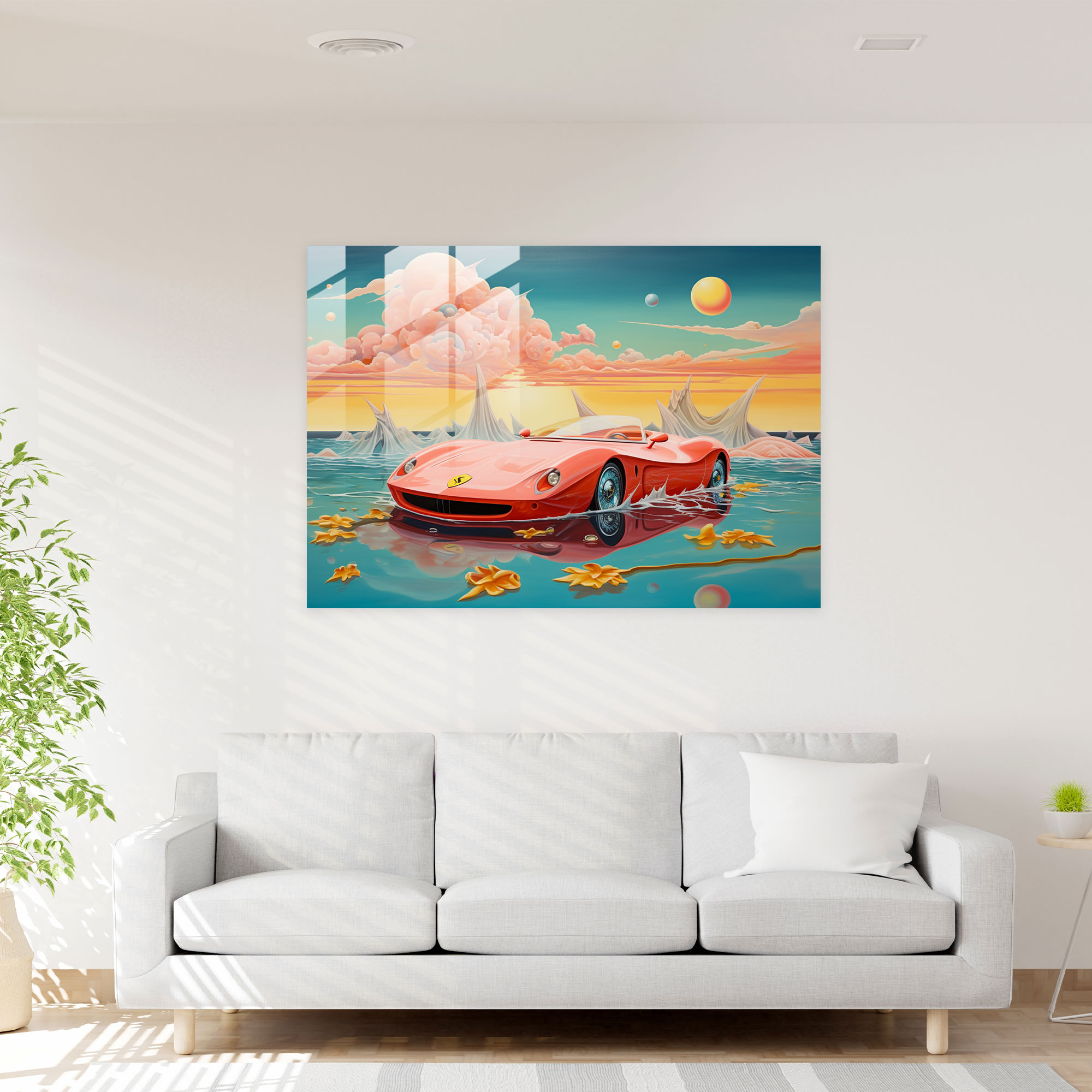 Ferrari Glass Print - Dreamy Seascape - Ferrari, Home Decoration, Imagination, Surreal Artwork