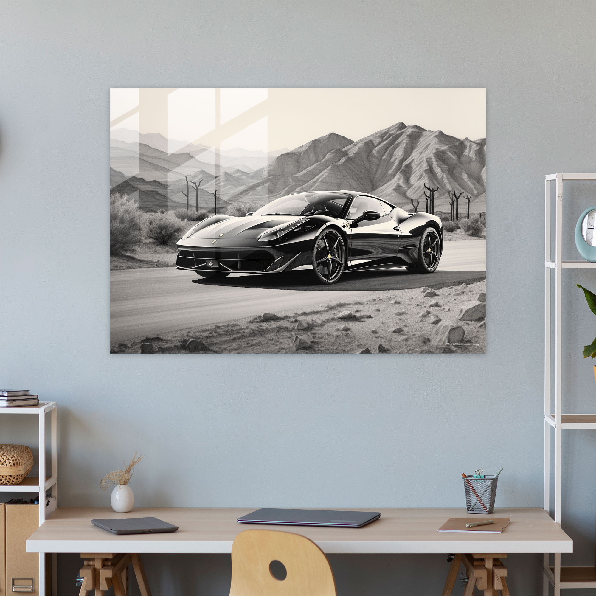 Ferrari Ev Dekorasyonu - Duvar Dekorasyonu Cam Tablo Kömür Eskizi