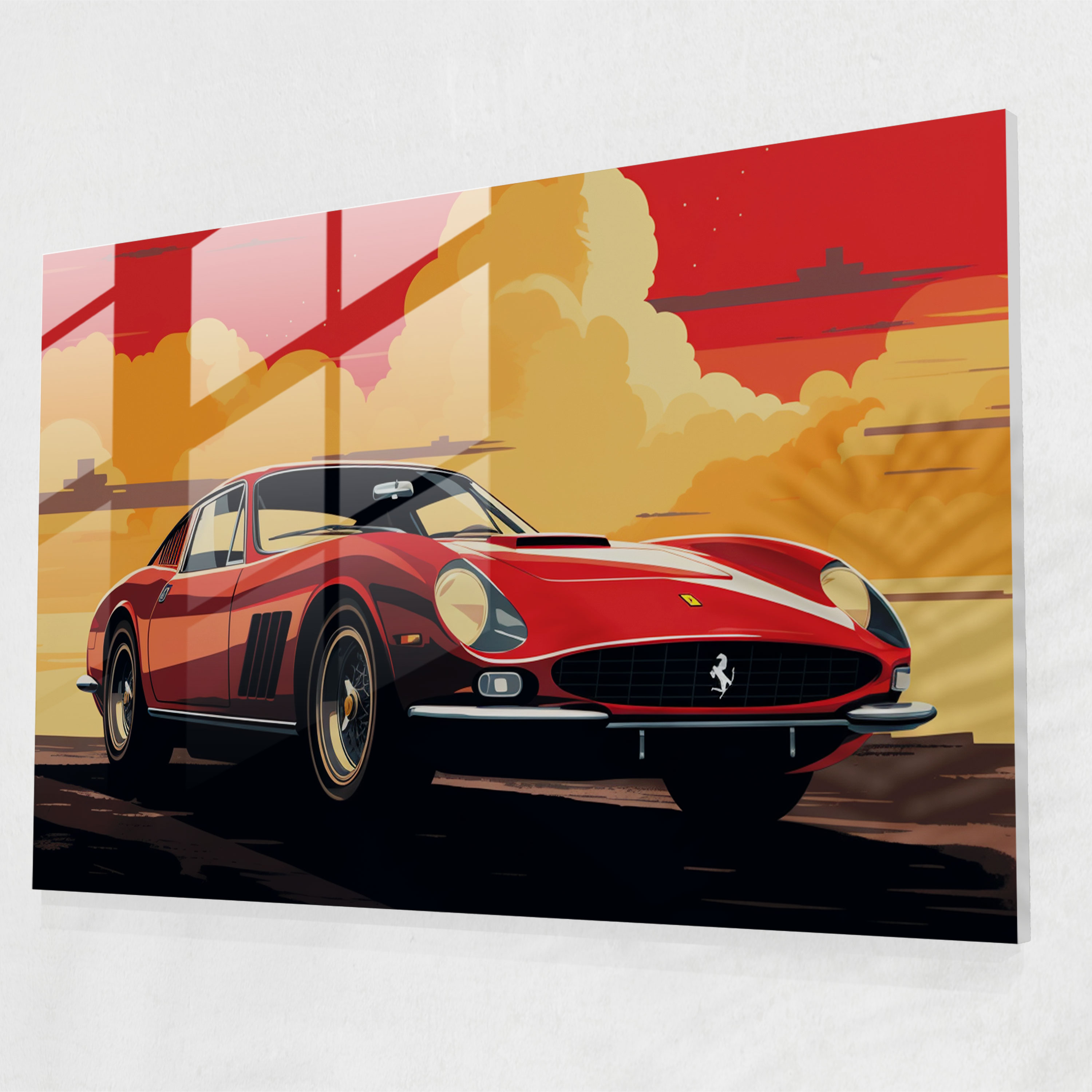 Ferrari Retro Cam Tablo - Retro Ferrari Tasarımı Cam Duvar Sanatı