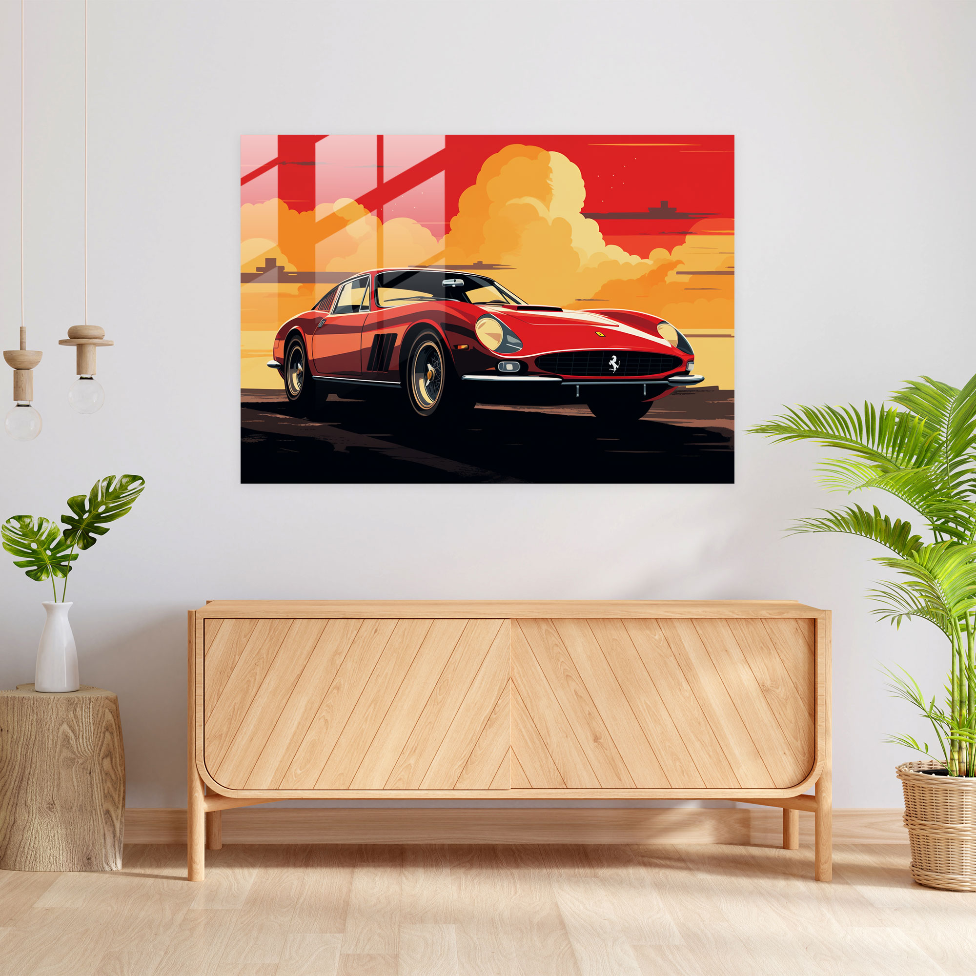 Ferrari Retro Cam Tablo - Retro Ferrari Tasarımı Cam Duvar Sanatı