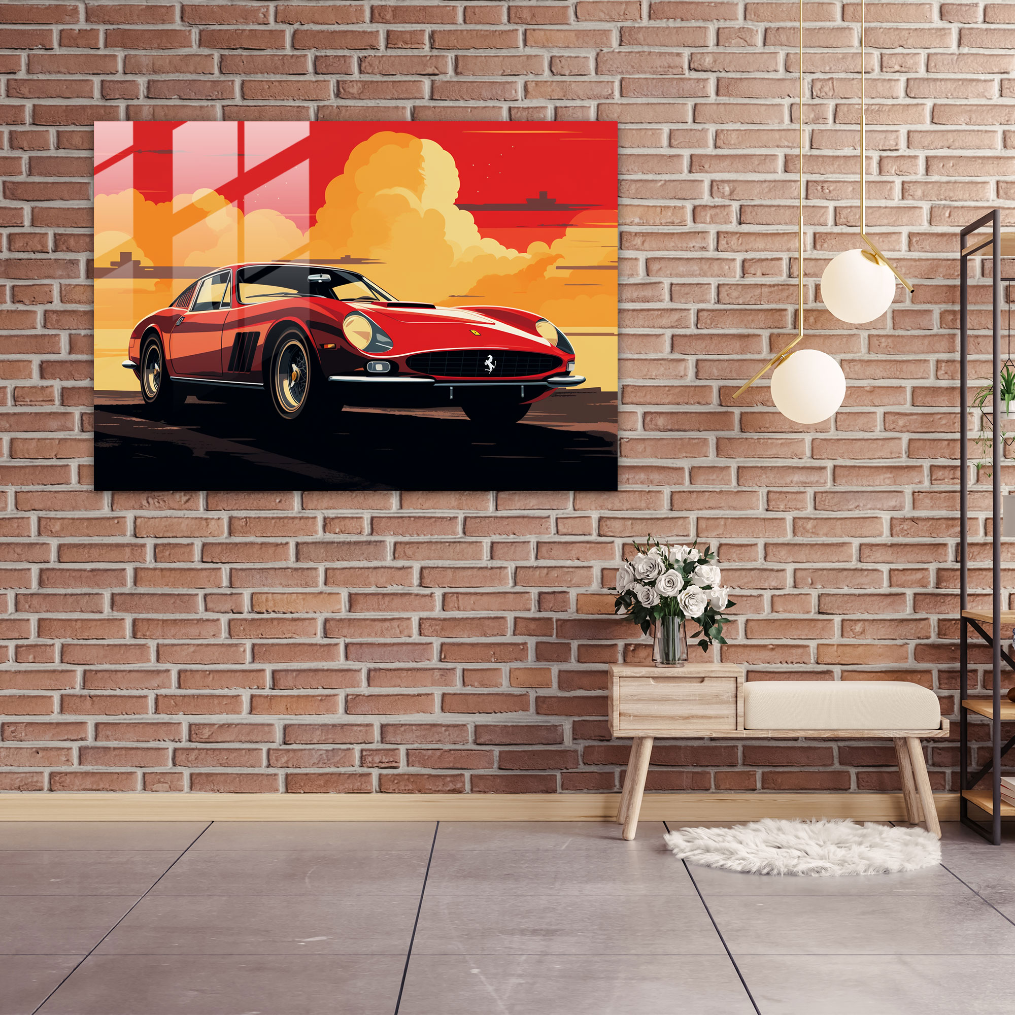 Ferrari Retro Cam Tablo - Retro Ferrari Tasarımı Cam Duvar Sanatı