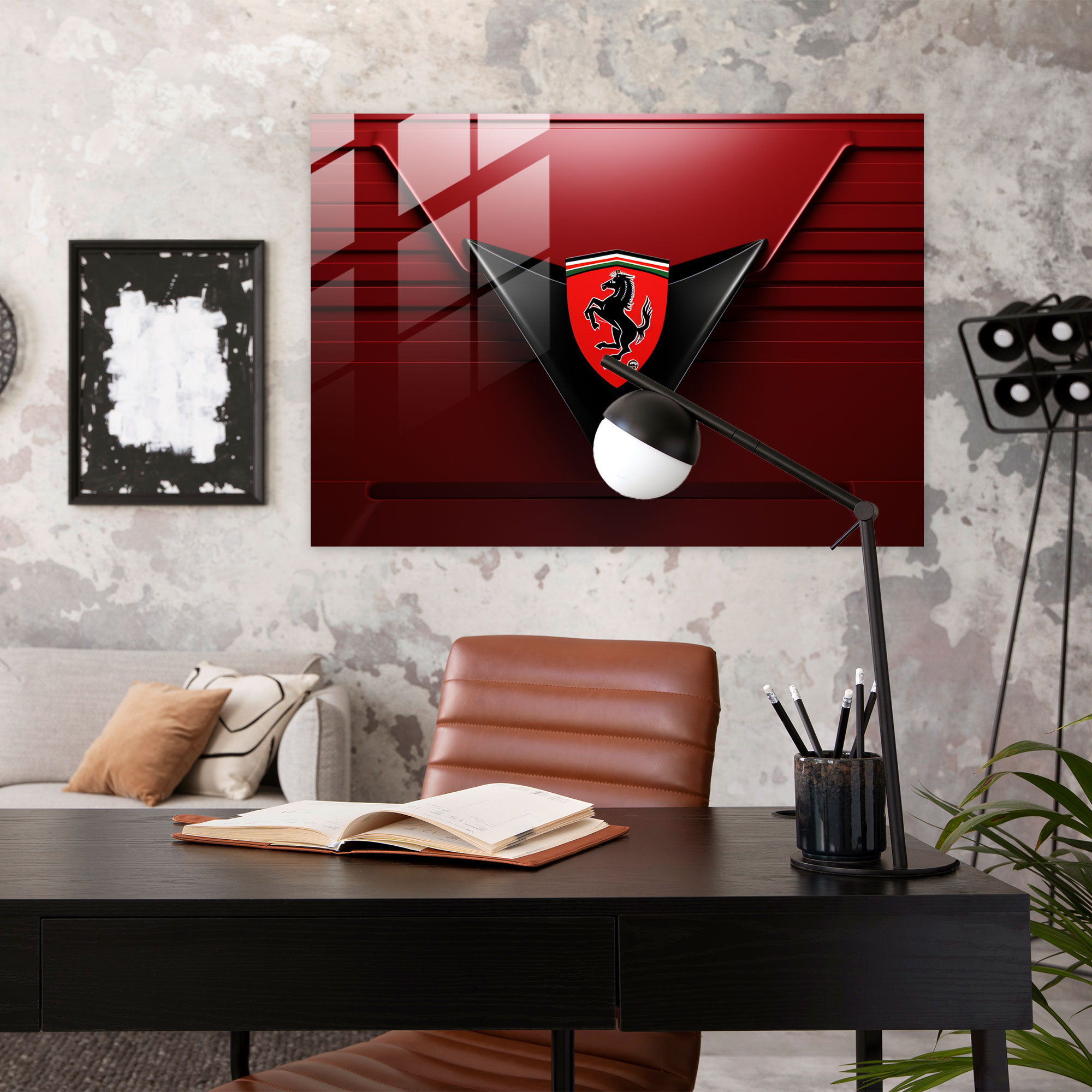 Ferrari Geometrik Cam Tablo - Ferrari Amblem Geometrik Tasarım Duvar Dekorasyonu