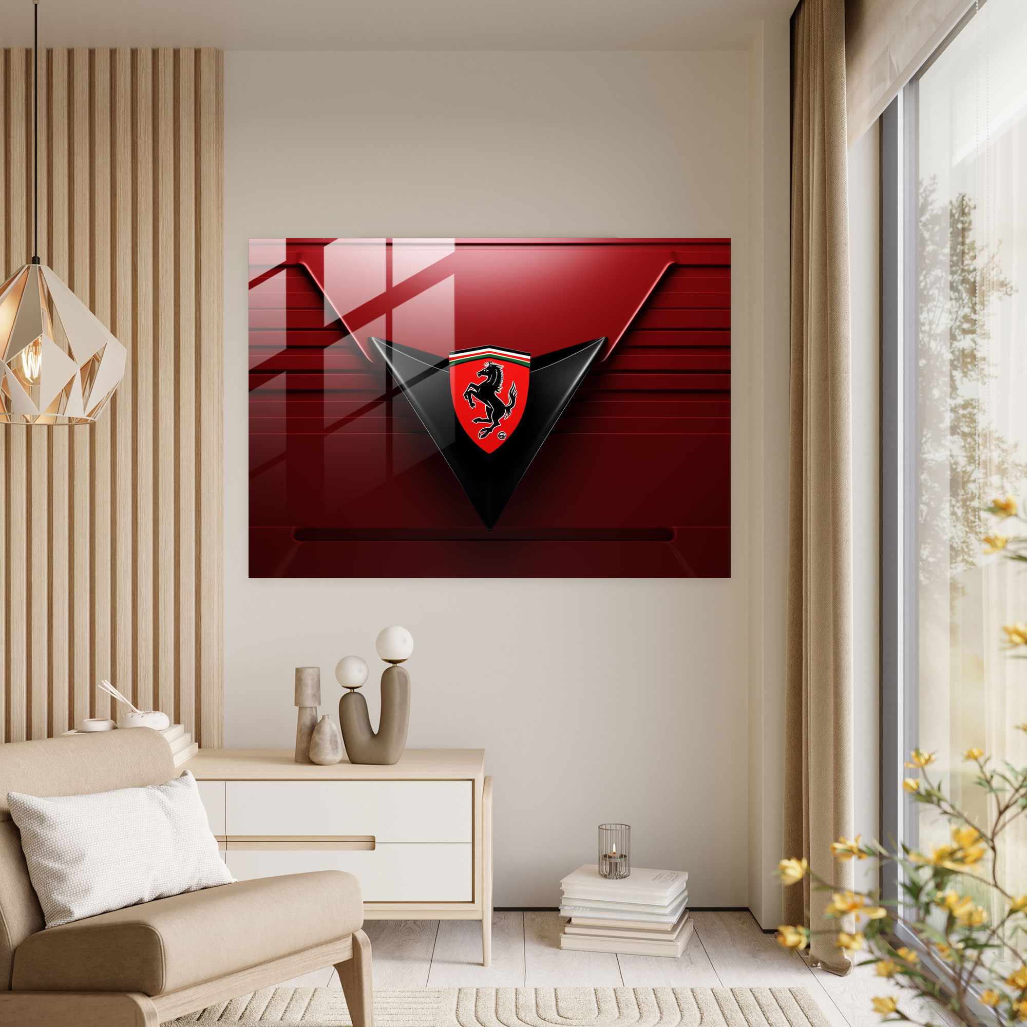 Ferrari Geometrik Cam Tablo - Ferrari Amblem Geometrik Tasarım Duvar Dekorasyonu