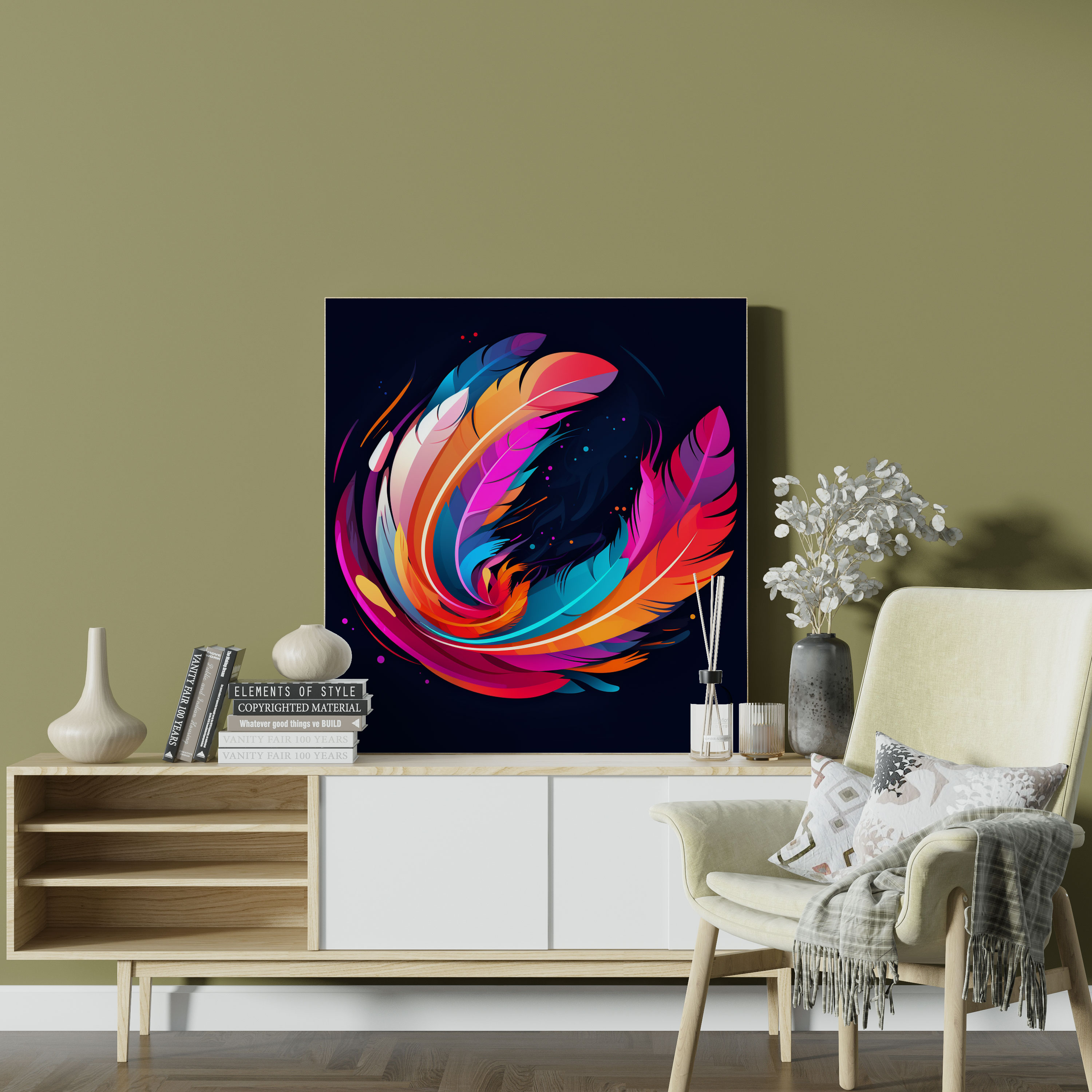 Feather Wall Decoration - Digital Vector Illustration - Canvas Print - Feather, Feather Wall Decoration, Canvas Print, Home Decoration