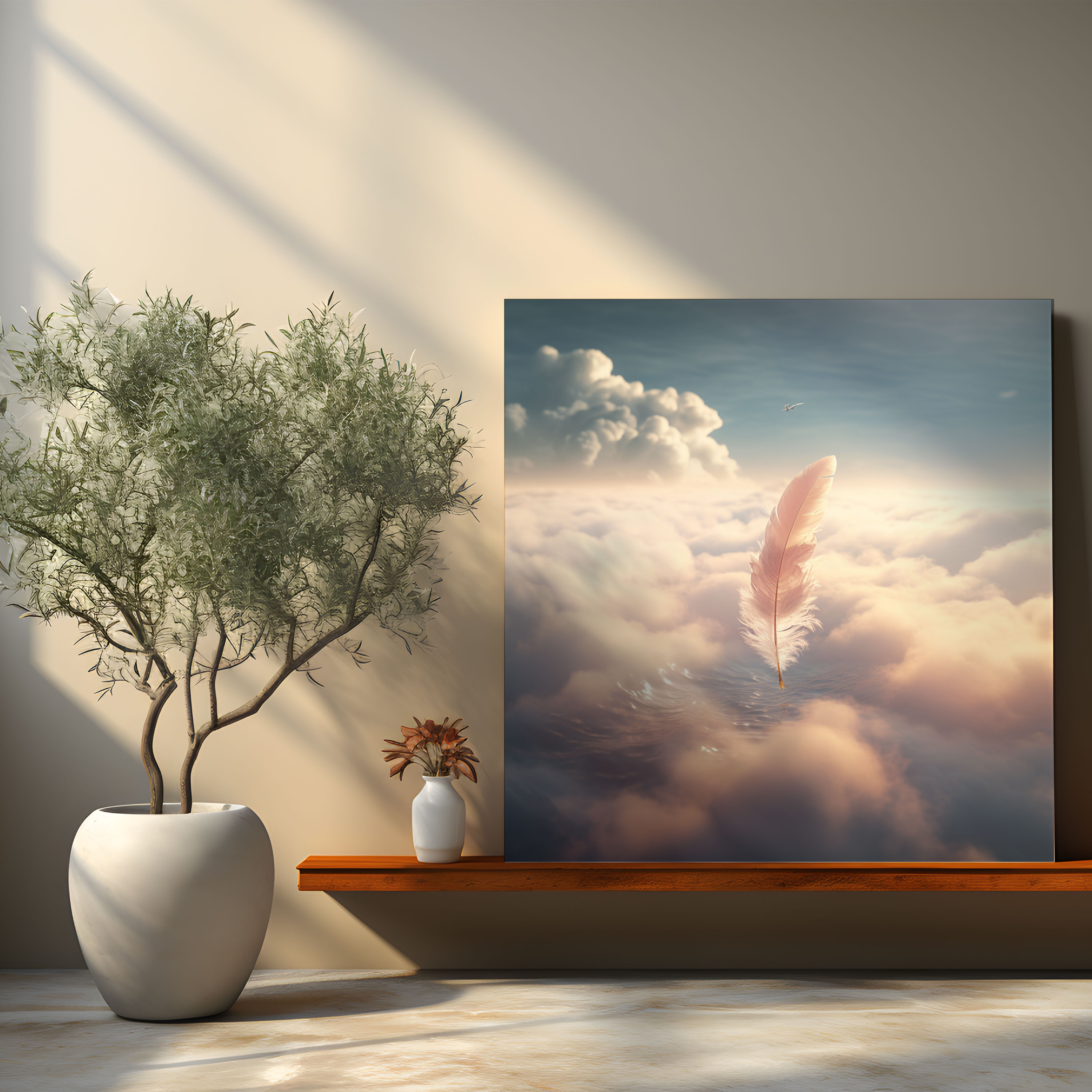 Feather In Clouds Canvas Print - Feather, Surreal Artwork, Mystical, Canvas Wall Art