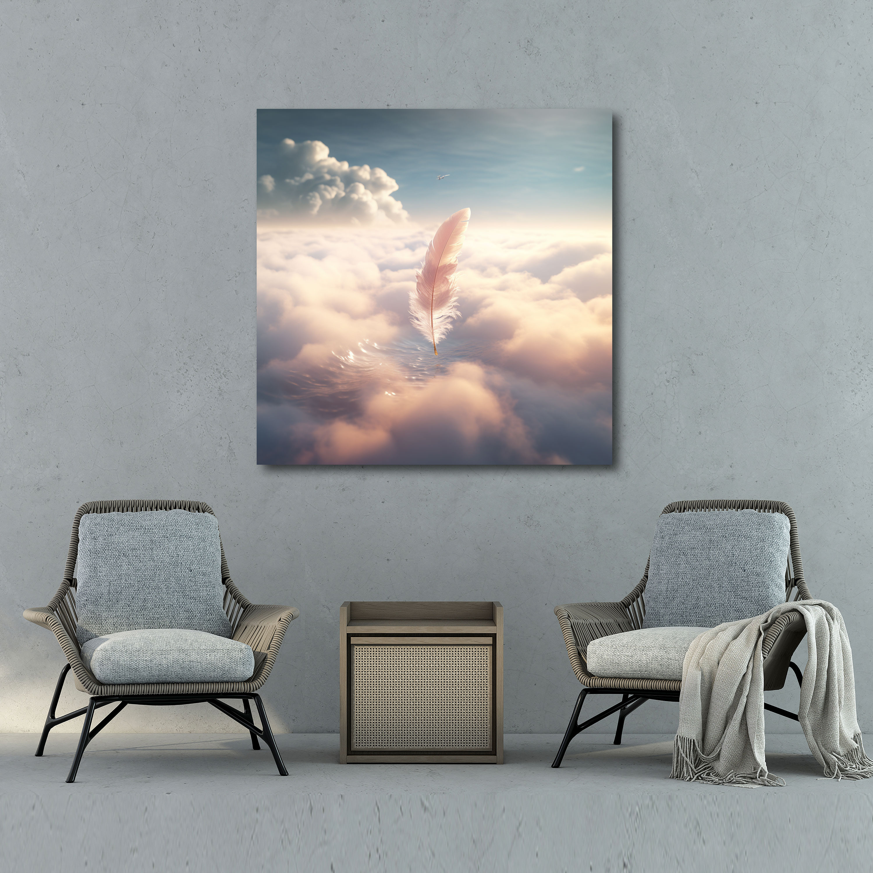 Feather In Clouds Canvas Print - Feather, Surreal Artwork, Mystical, Canvas Wall Art
