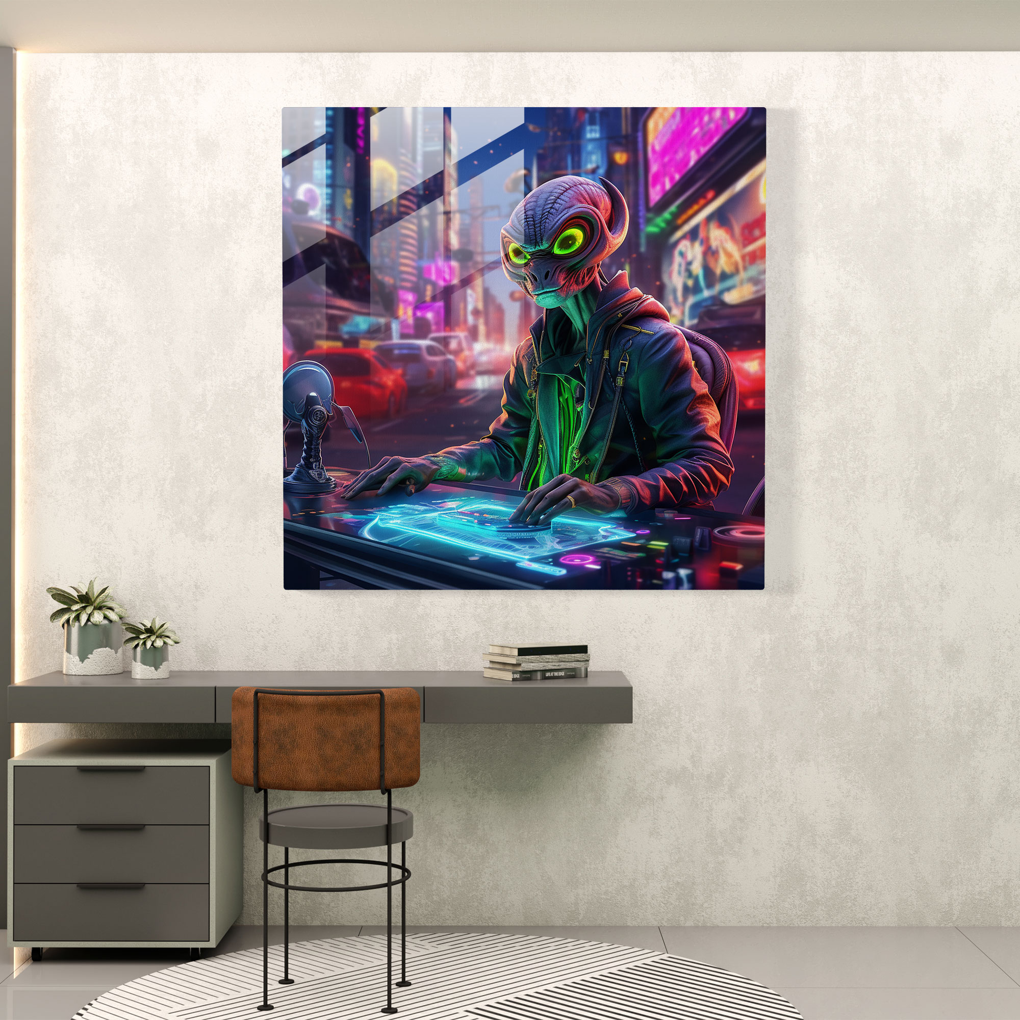 Funky Neon Alien Dj Glass Print - Funky, Alien Dj, Glass Art, Wall Decoration