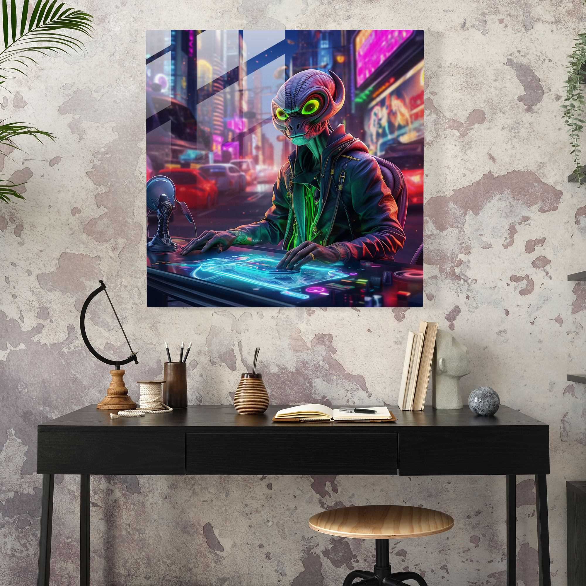 Funky Neon Alien Dj Glass Print - Funky, Alien Dj, Glass Art, Wall Decoration