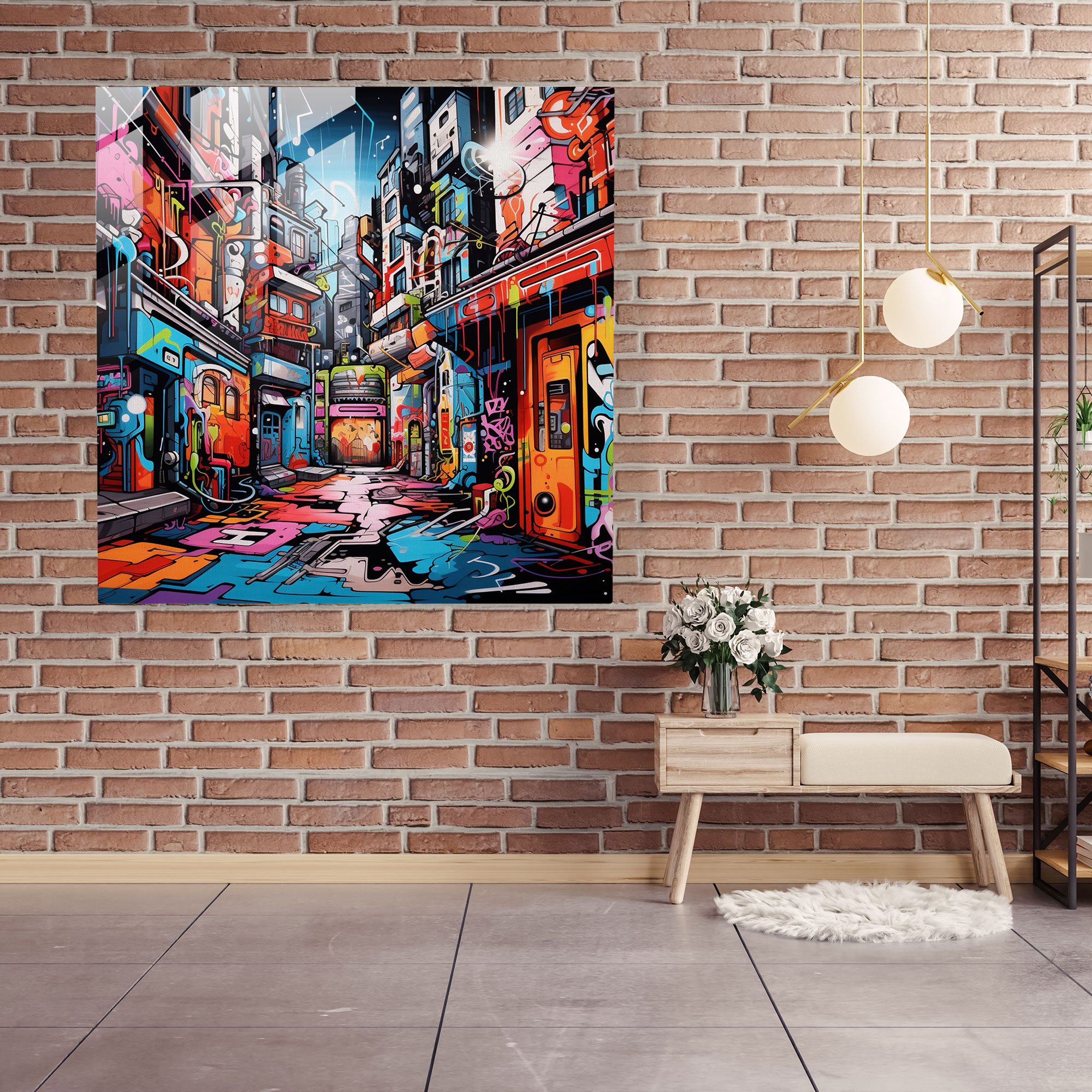 Funky Graffiti City Glass Print - Funky, Wall Decoration, Home Decoration, Vibrant Urban Scene