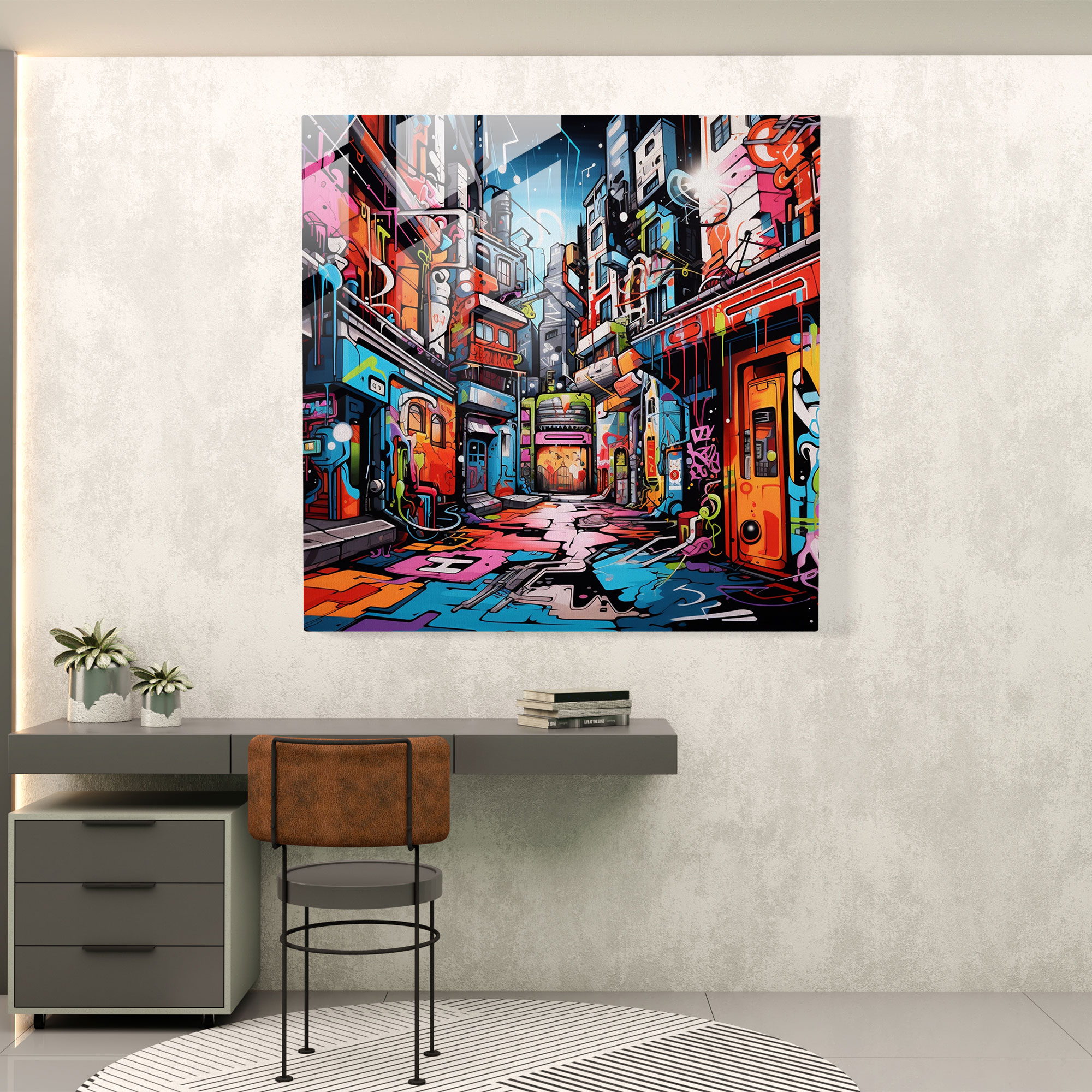 Funky Graffiti City Glass Print - Funky, Wall Decoration, Home Decoration, Vibrant Urban Scene