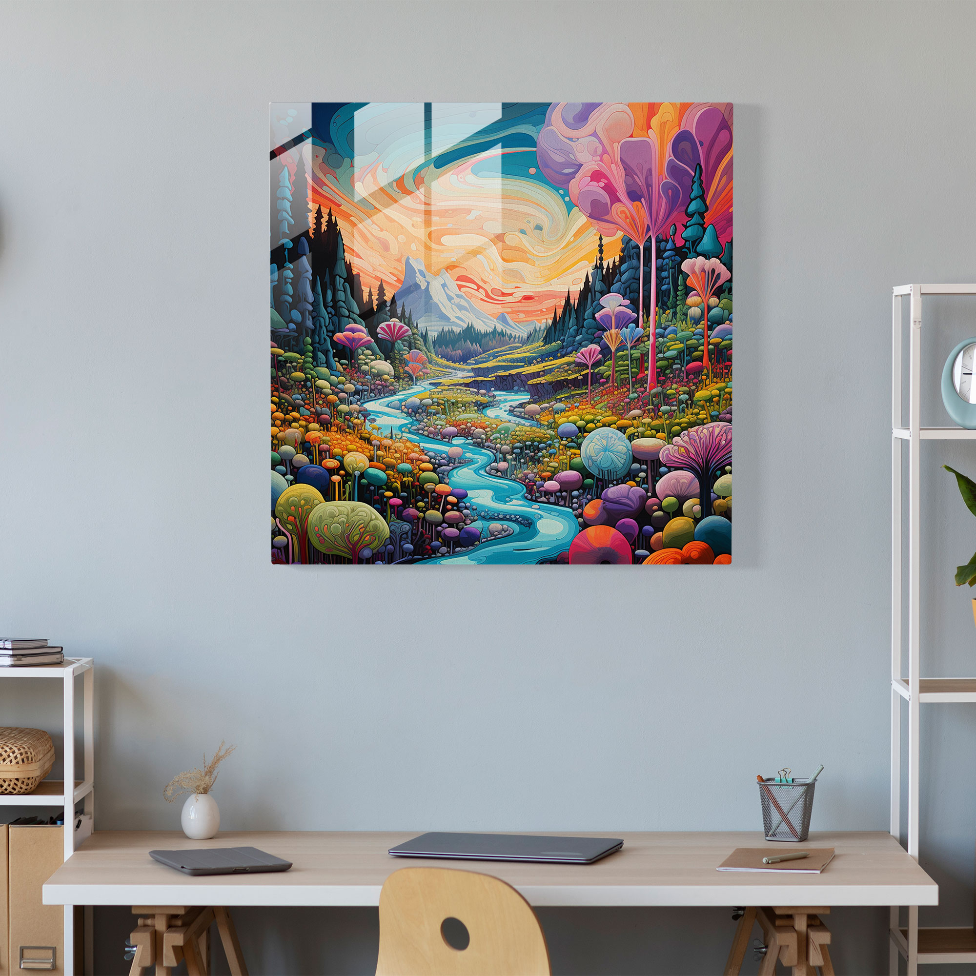 Funky Psychedelic Landscape Glass Print - Funky, Vibrant Hues, Psychedelic Landscape, Glass Print