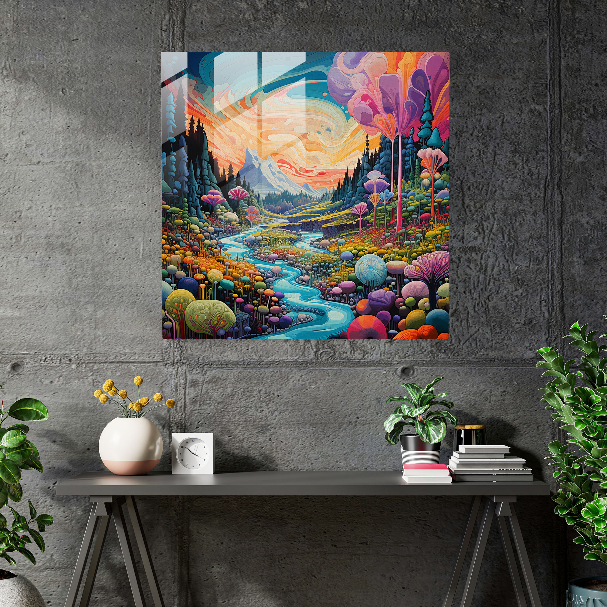 Funky Psychedelic Landscape Glass Print - Funky, Vibrant Hues, Psychedelic Landscape, Glass Print