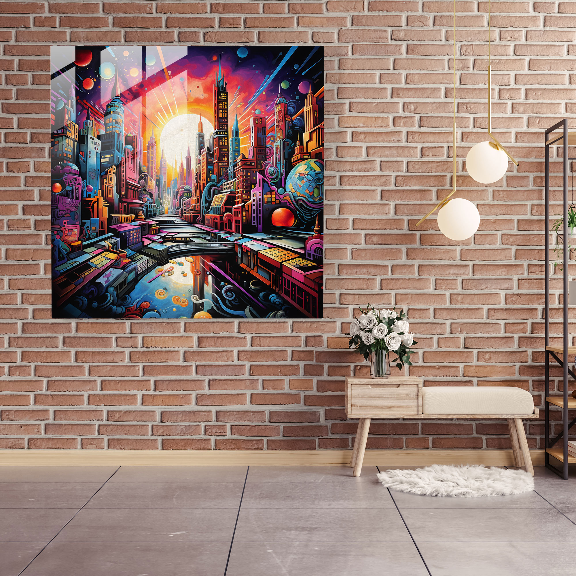 Funky Cityscape Glass Print - Funky, Modern Art, Wall Decoration, Vibrant Colors