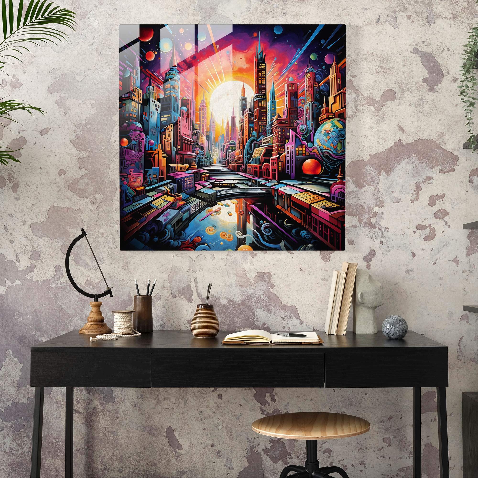 Funky Cityscape Glass Print - Funky, Modern Art, Wall Decoration, Vibrant Colors
