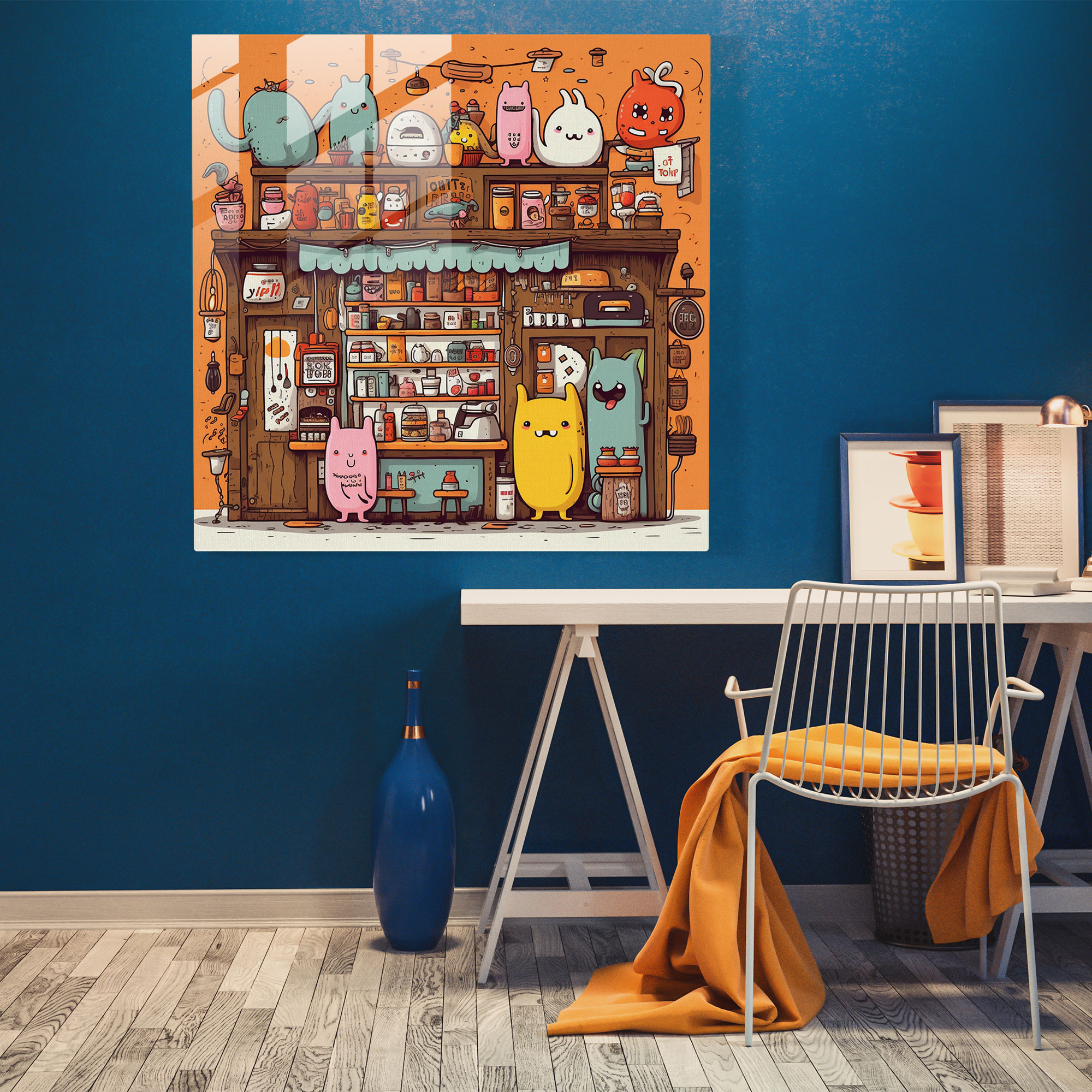 Whimsy Cafe Glass Print Wall Art - Funky, Glass Wall Art, Hand-Drawn Elements, Whimsical Characters
