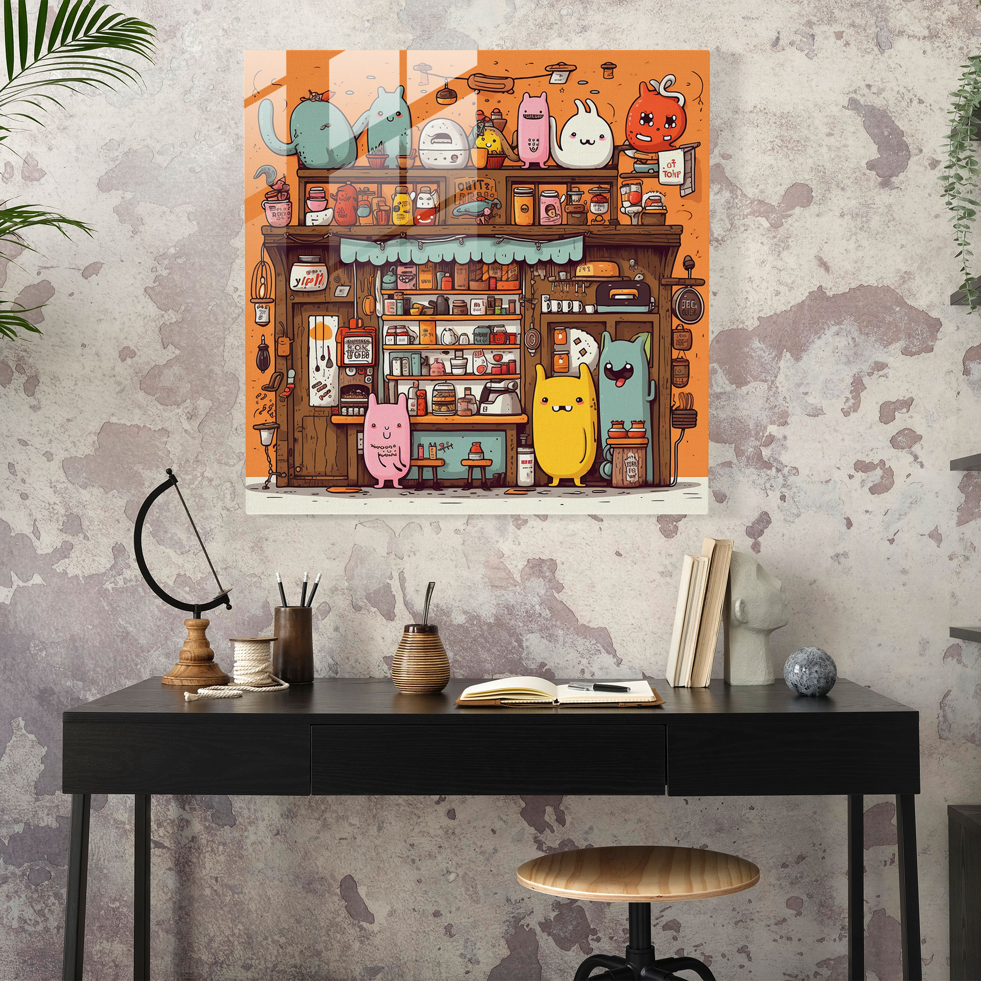 Whimsy Cafe Glass Print Wall Art - Funky, Glass Wall Art, Hand-Drawn Elements, Whimsical Characters