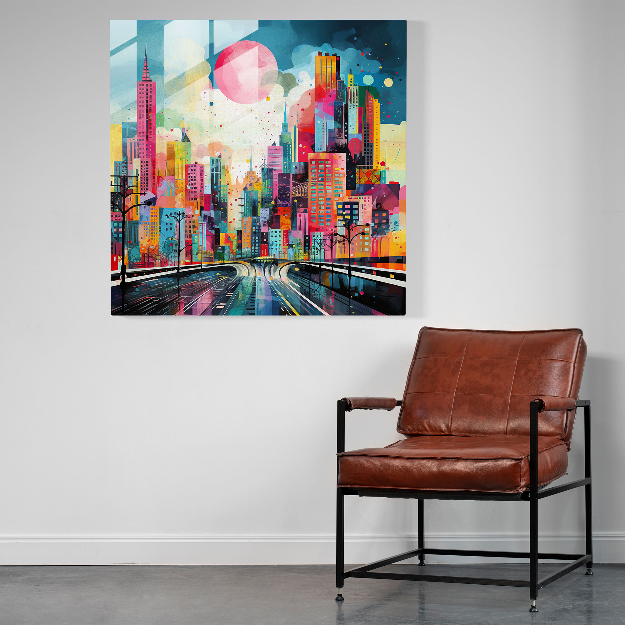 Vibrant Cityscape Glass Print - Funky, Funky, Geometric Shapes, Modern Art