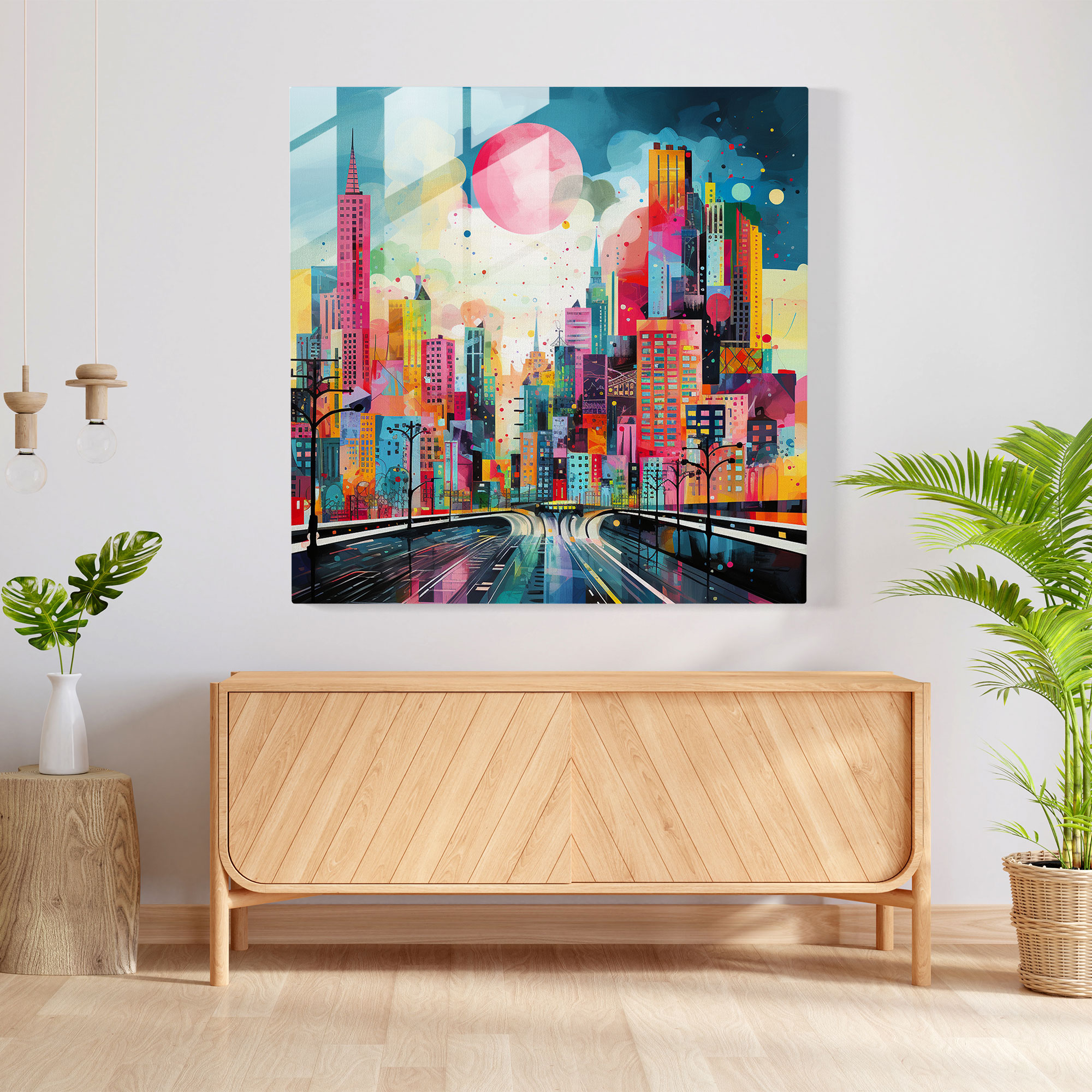Vibrant Cityscape Glass Print - Funky, Funky, Geometric Shapes, Modern Art