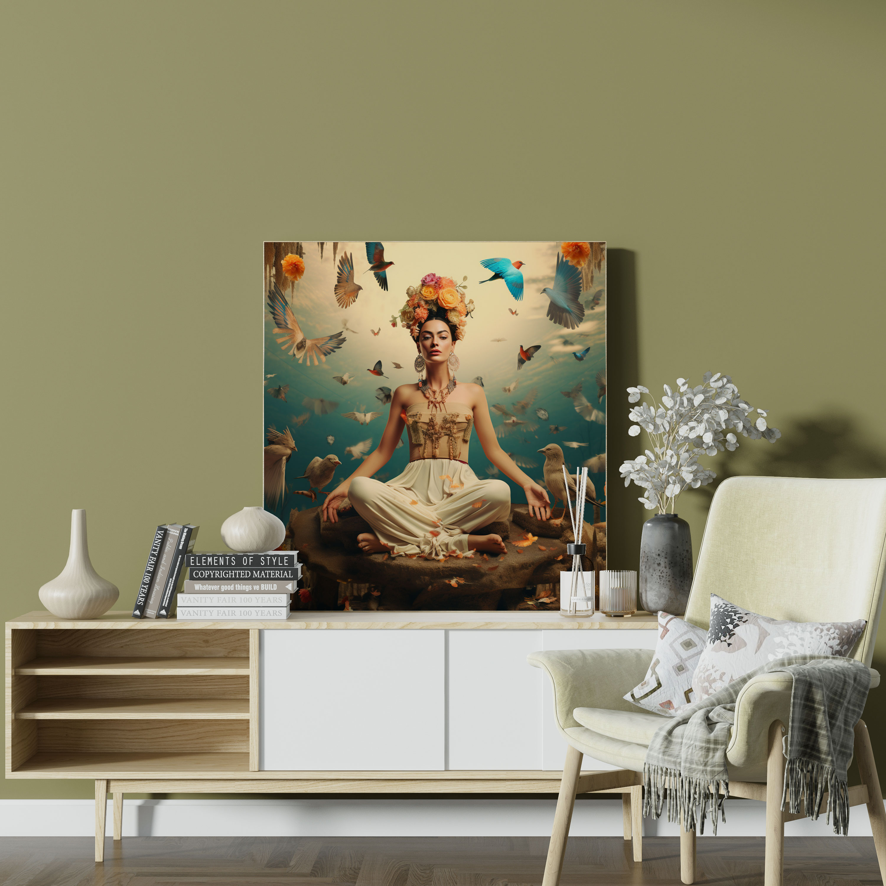 Frida Kahlo Duvar Sanatı Kanvas Tablo - Ev Dekorasyonu Duvar Sanatı Yüzen Elementler