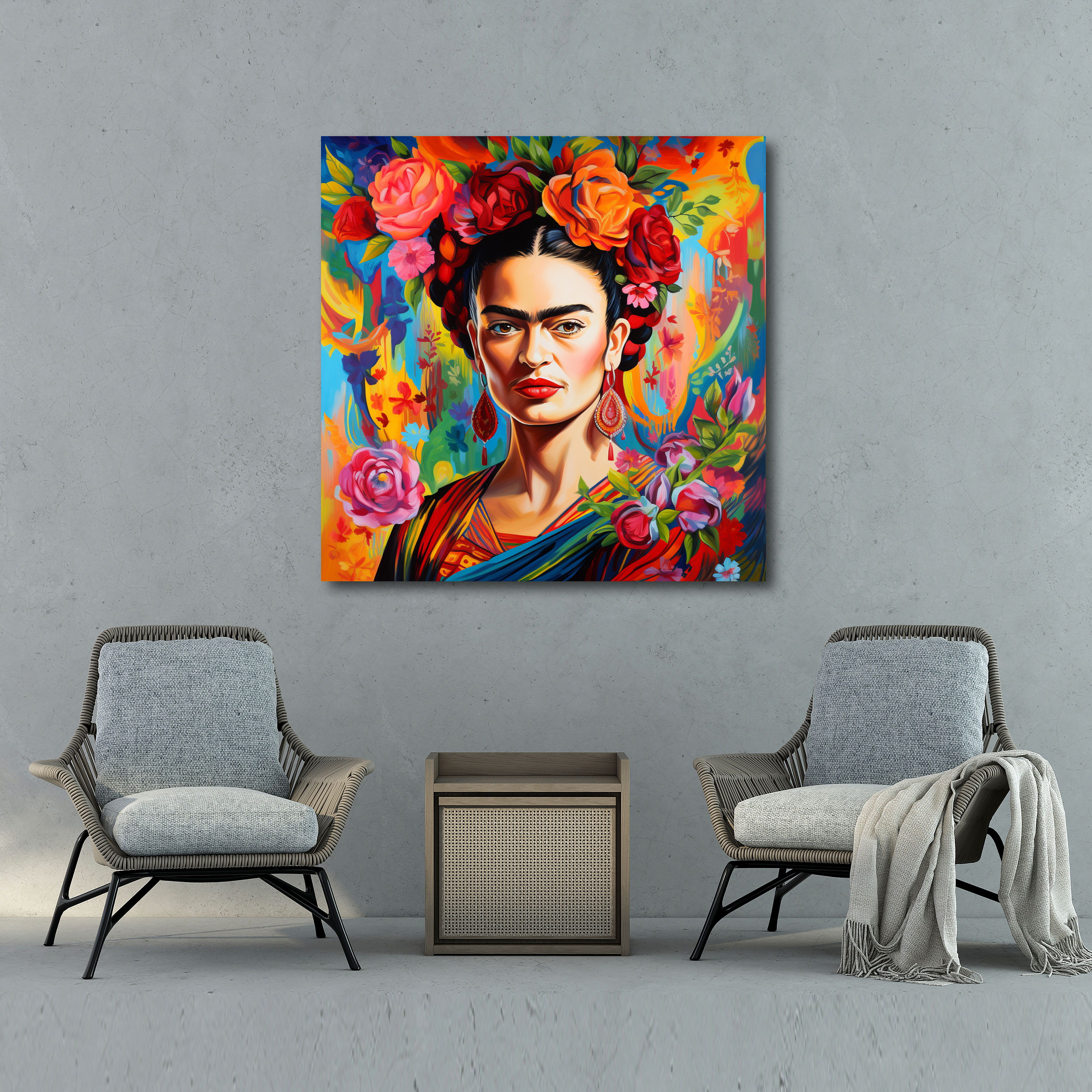 Frida Kahlo Canvas Print - Frida Kahlo, Colorful Background, Canvas, Wall Decoration
