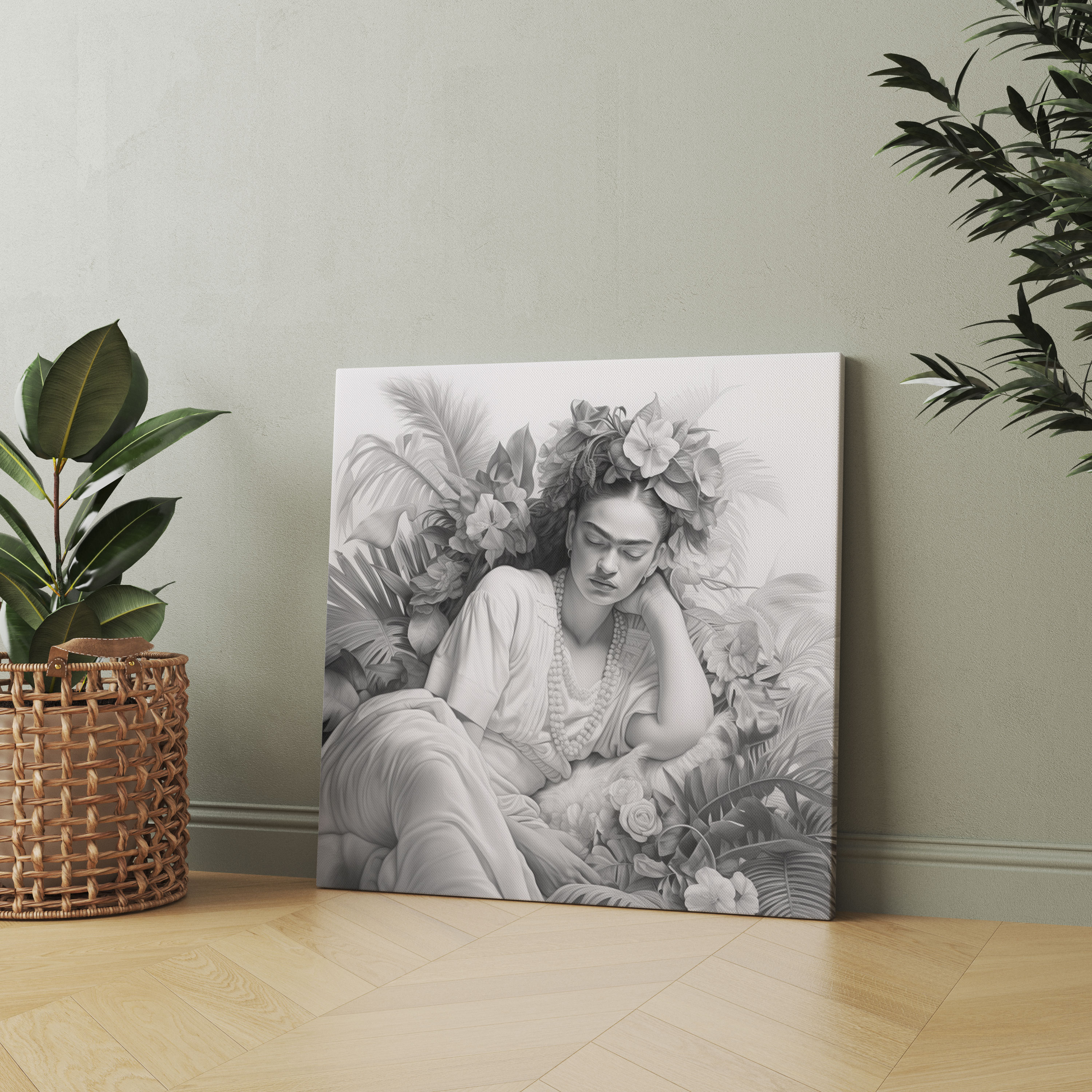 Frida Kahlo Kanvas Tablosu - Duvar Dekorasyonu Duvar Sanatı Monokrom Pencil Çizimi