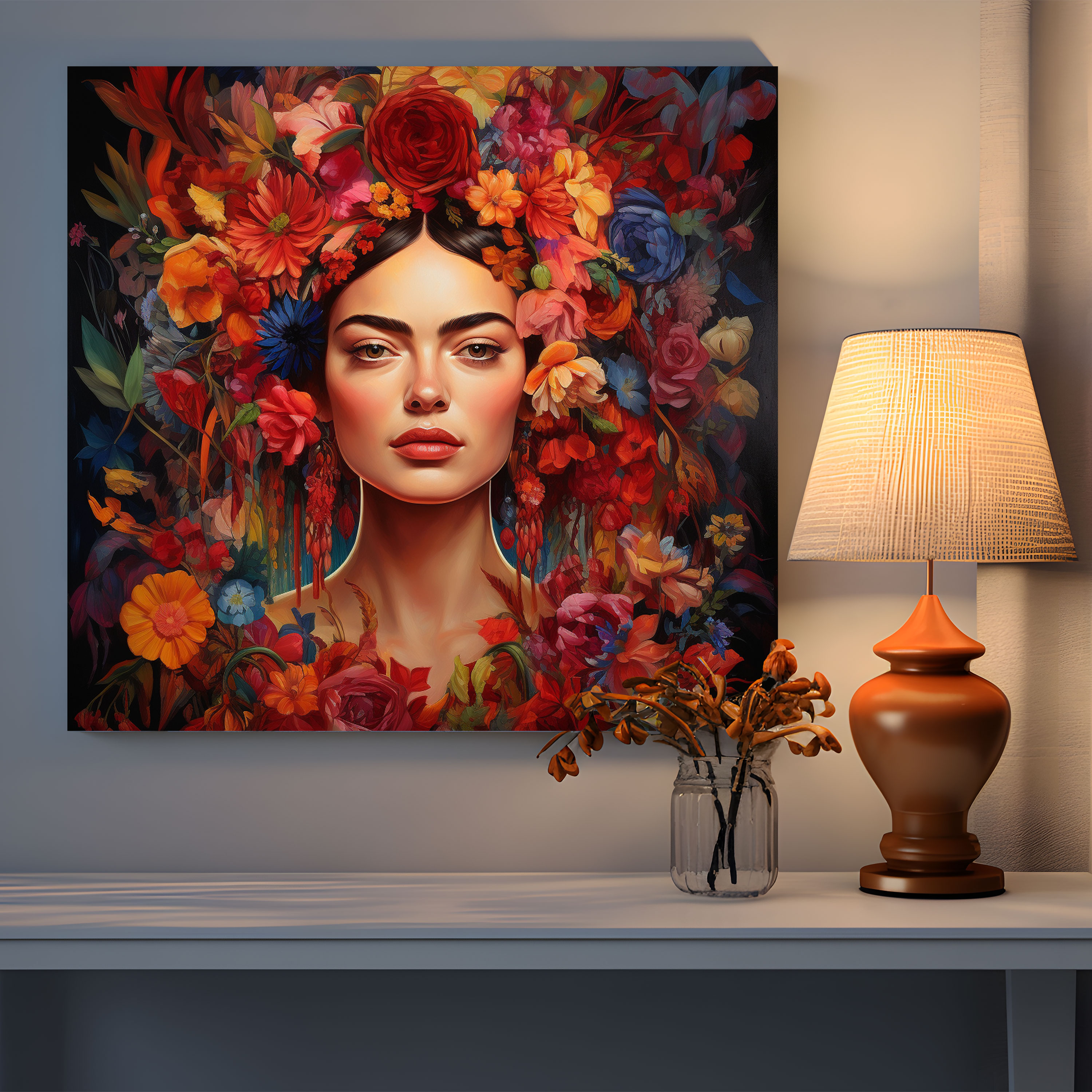 Frida Kahlo Kanvas Tablo - Canlı Çiçek Resim - Frida Kahlo Duvar Sanatı Kanvas Yemyeşil Bahçe