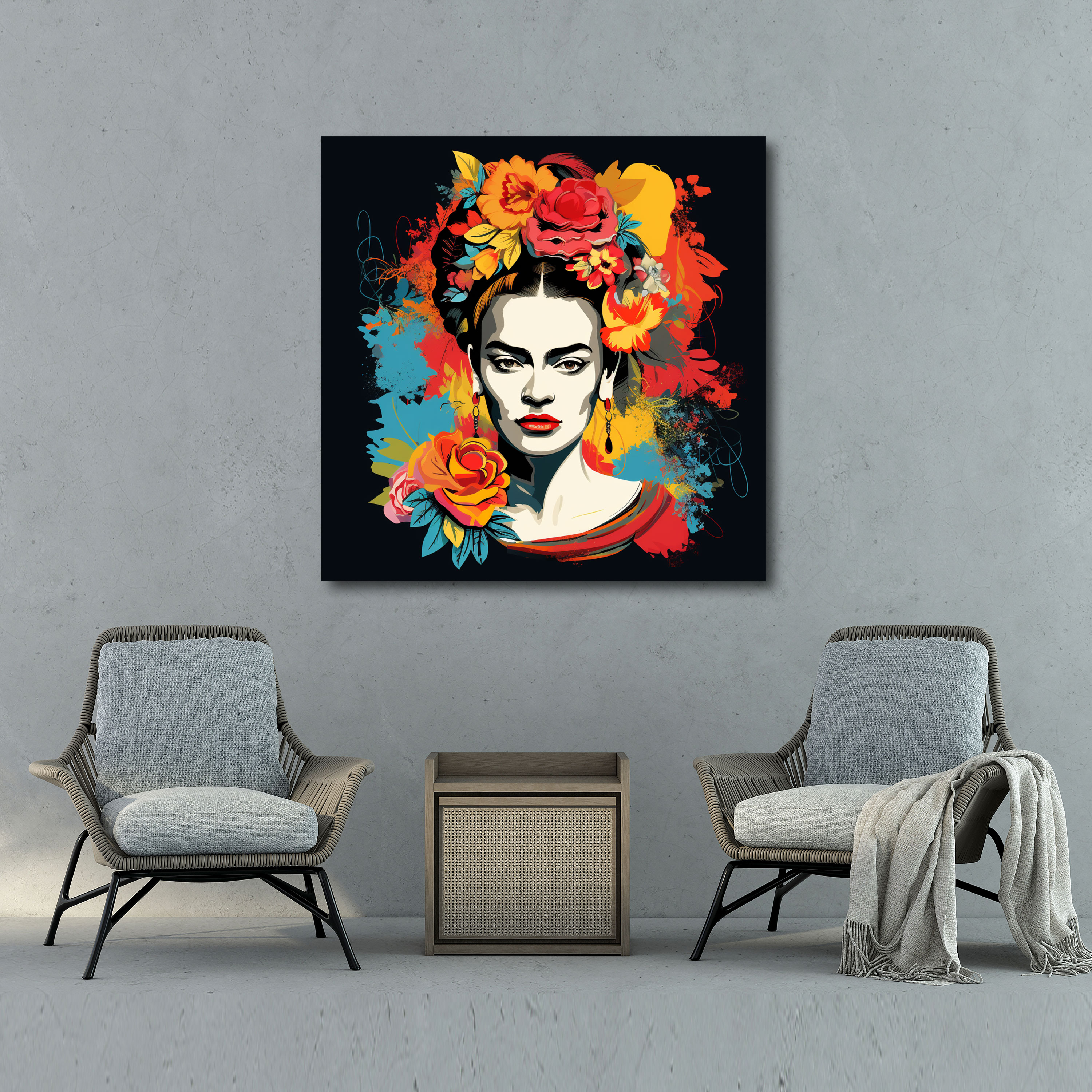 Frida Kahlo Kanvas Tablo - Pop Sanat Esintili İllüstrasyon - Canlı Renkler