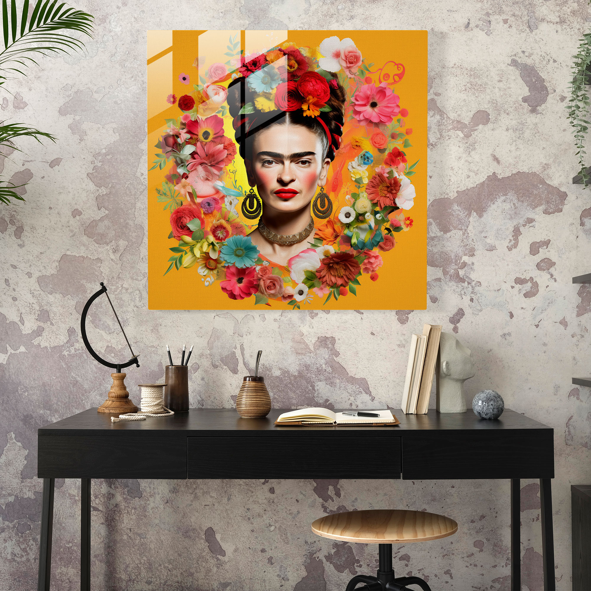 Frida'nın Bilgelik Cam Tablosu - Frida Kahlo Çiçek Motifleri Cam Sanatı Duvar Dekorasyonu