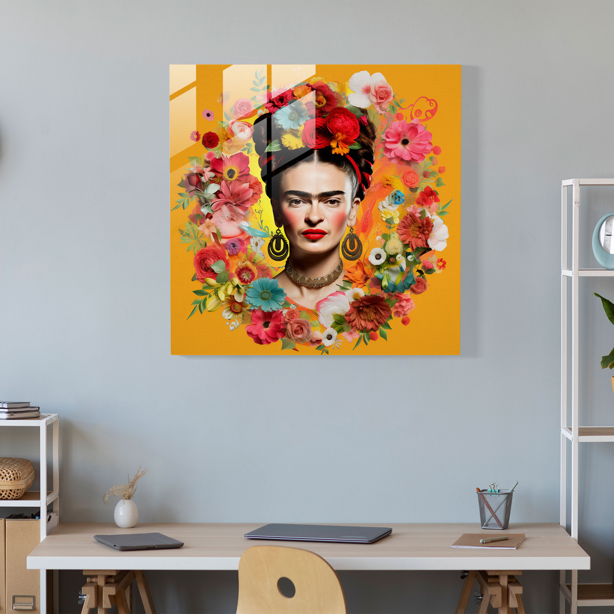 Frida'nın Bilgelik Cam Tablosu - Frida Kahlo Çiçek Motifleri Cam Sanatı Duvar Dekorasyonu